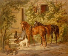 Horses at the Porch, after Oil Painting by German Romantic Artist Albrecht Adam