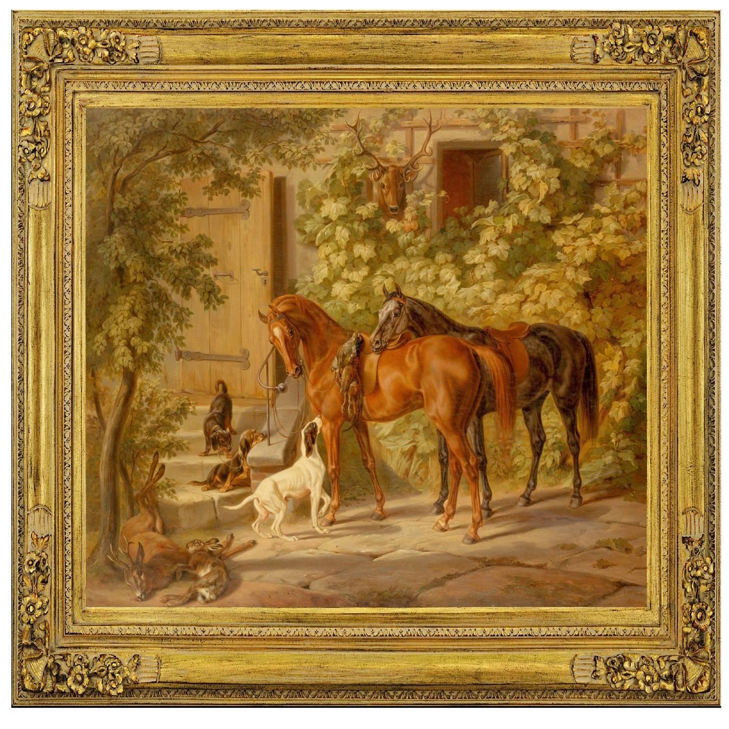 Horses at the Porch, after Oil Painting by German Romantic Artist Albrecht Adam For Sale