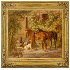 Horses at the Porch, after Oil Painting by German Romantic Artist Albrecht Adam