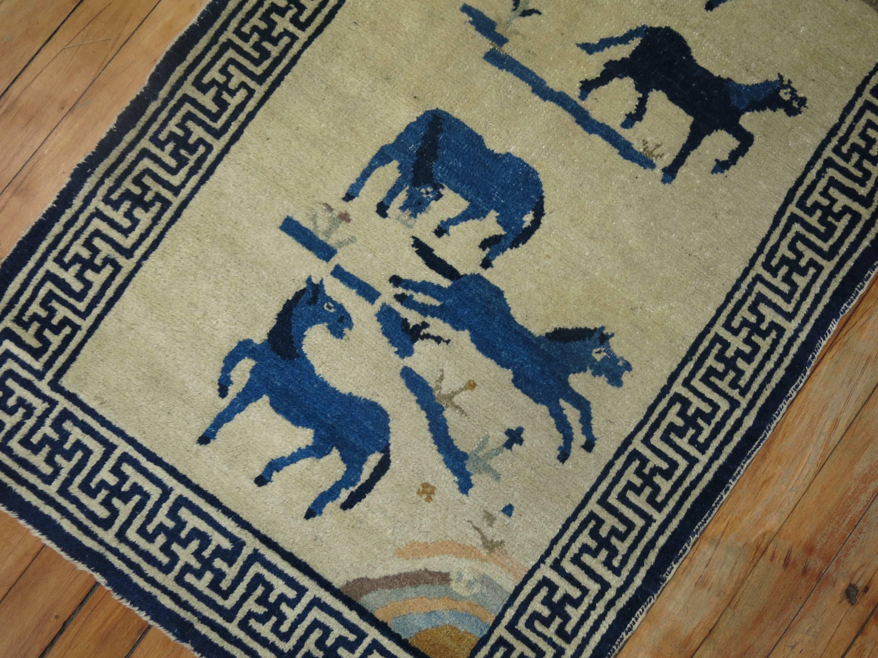 Horses Chinese Antique Pictorial Rug In Good Condition For Sale In New York, NY