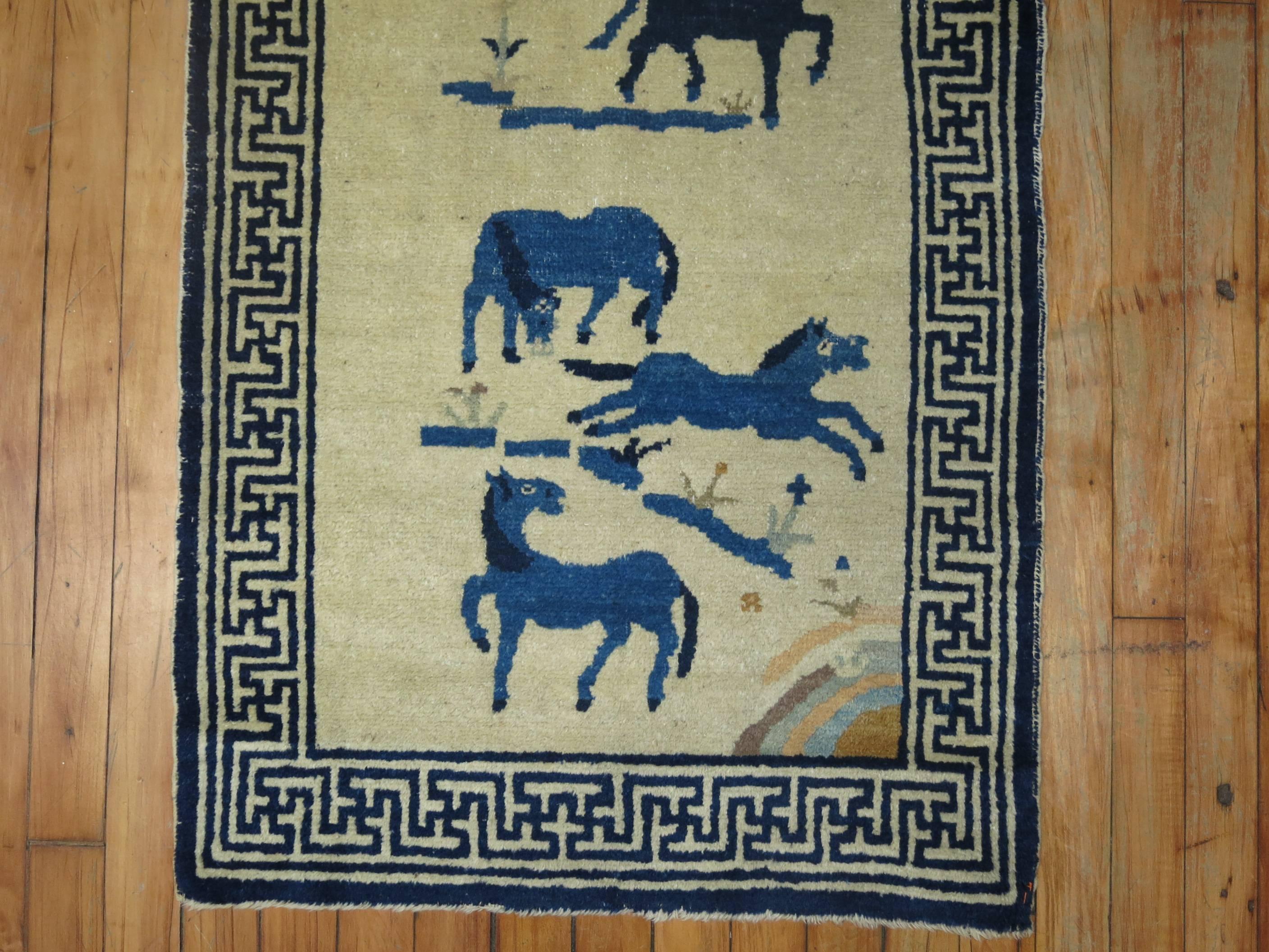 Early 20th Century Horses Chinese Antique Pictorial Rug For Sale