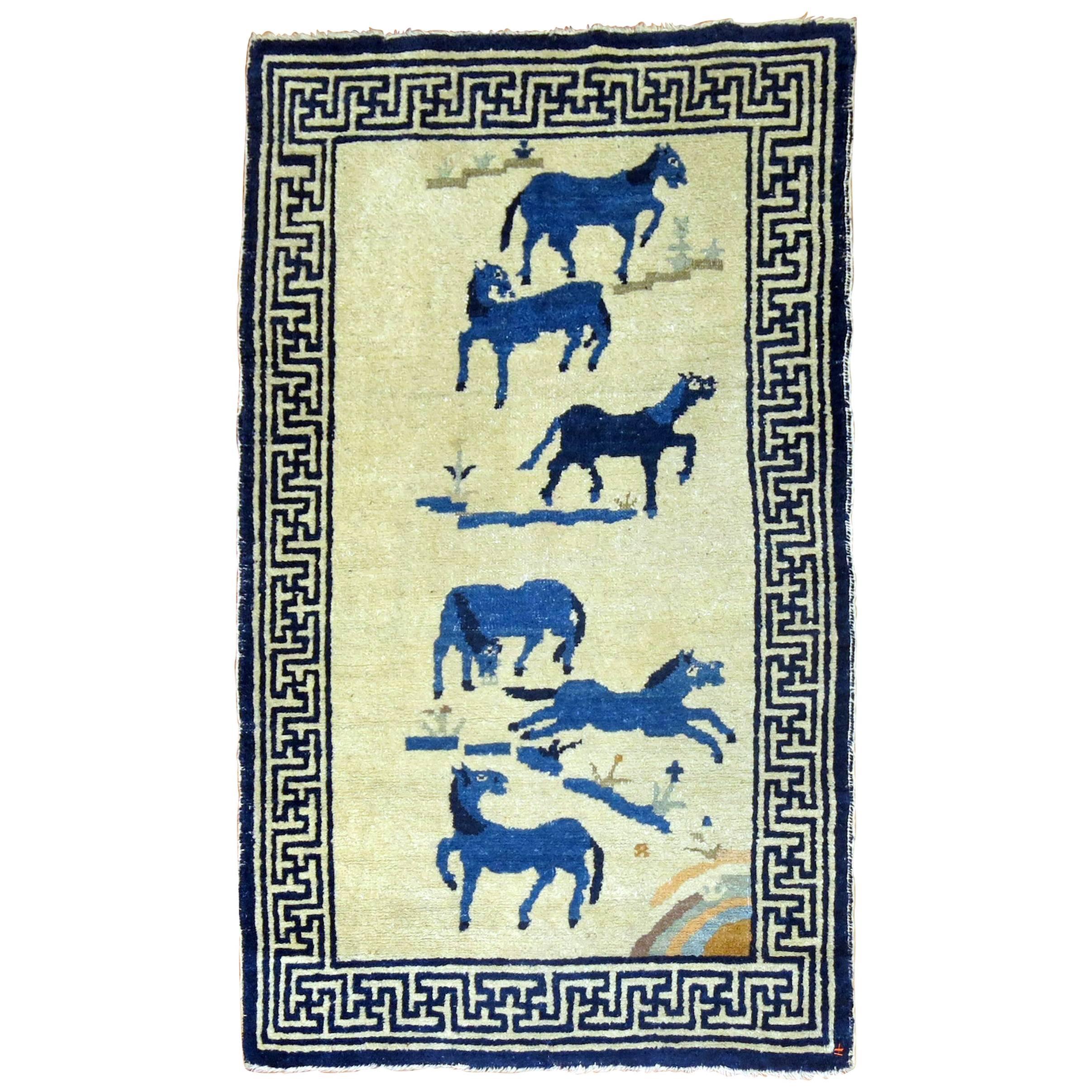Horses Chinese Antique Pictorial Rug For Sale