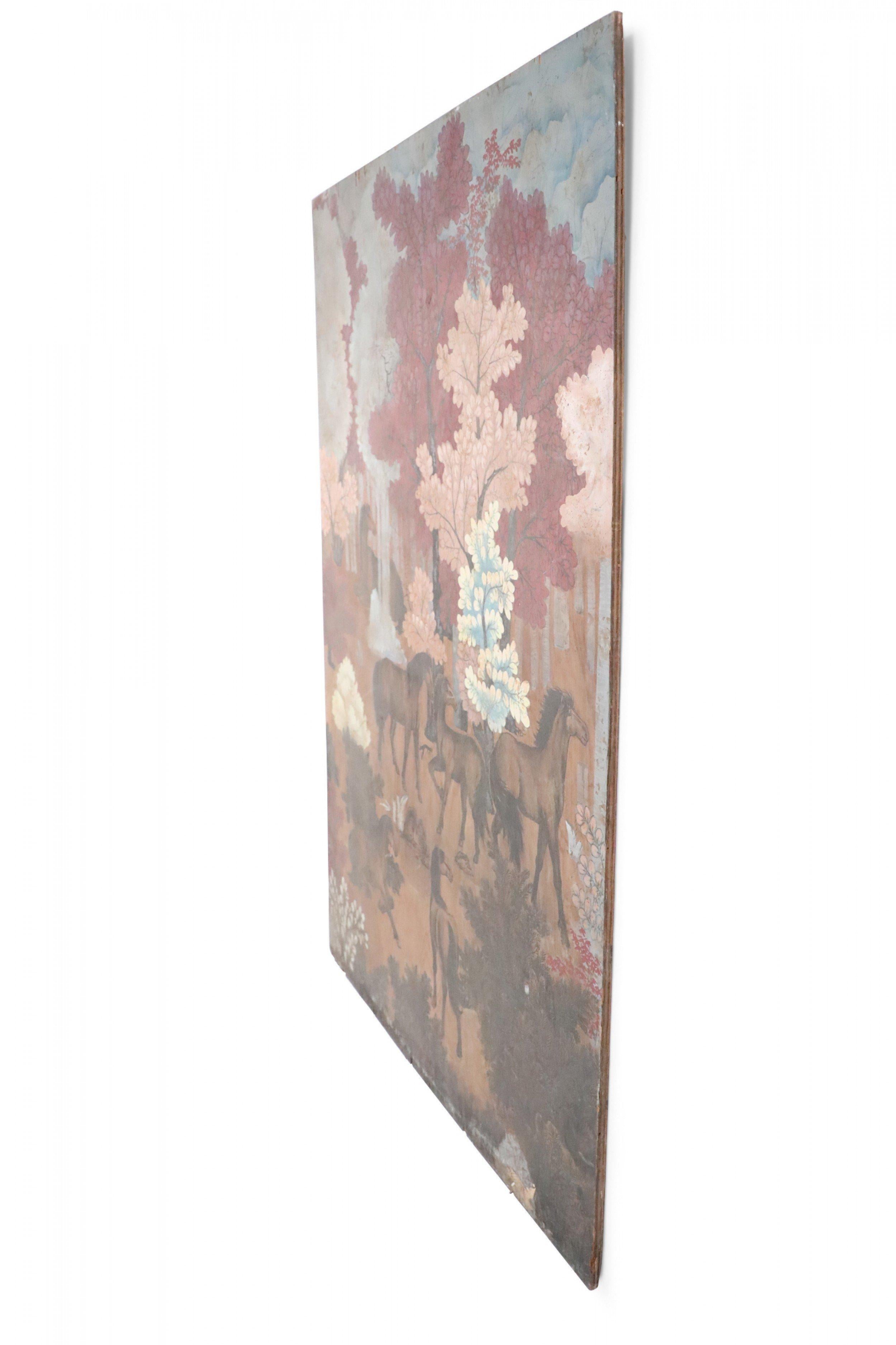 Vintage (20th Century) painting on wood depicting a group of horses gathered in a forest of red, peach, white and light blue trees, and a forest floor captured by allowing woodgrain to show in unpainted areas.