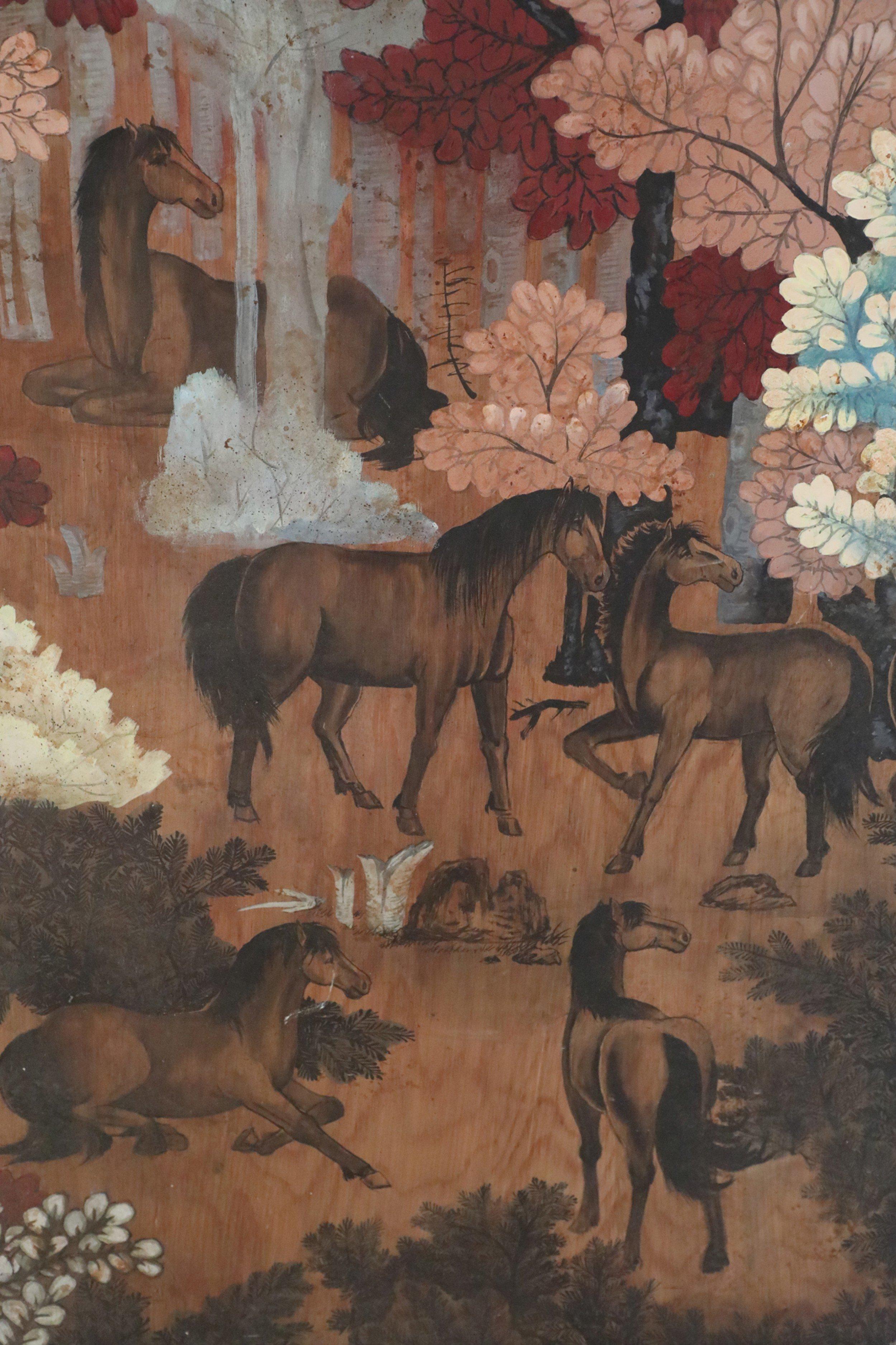 Horses in Autumn Forest Painting on Wood In Good Condition For Sale In Queens, NY