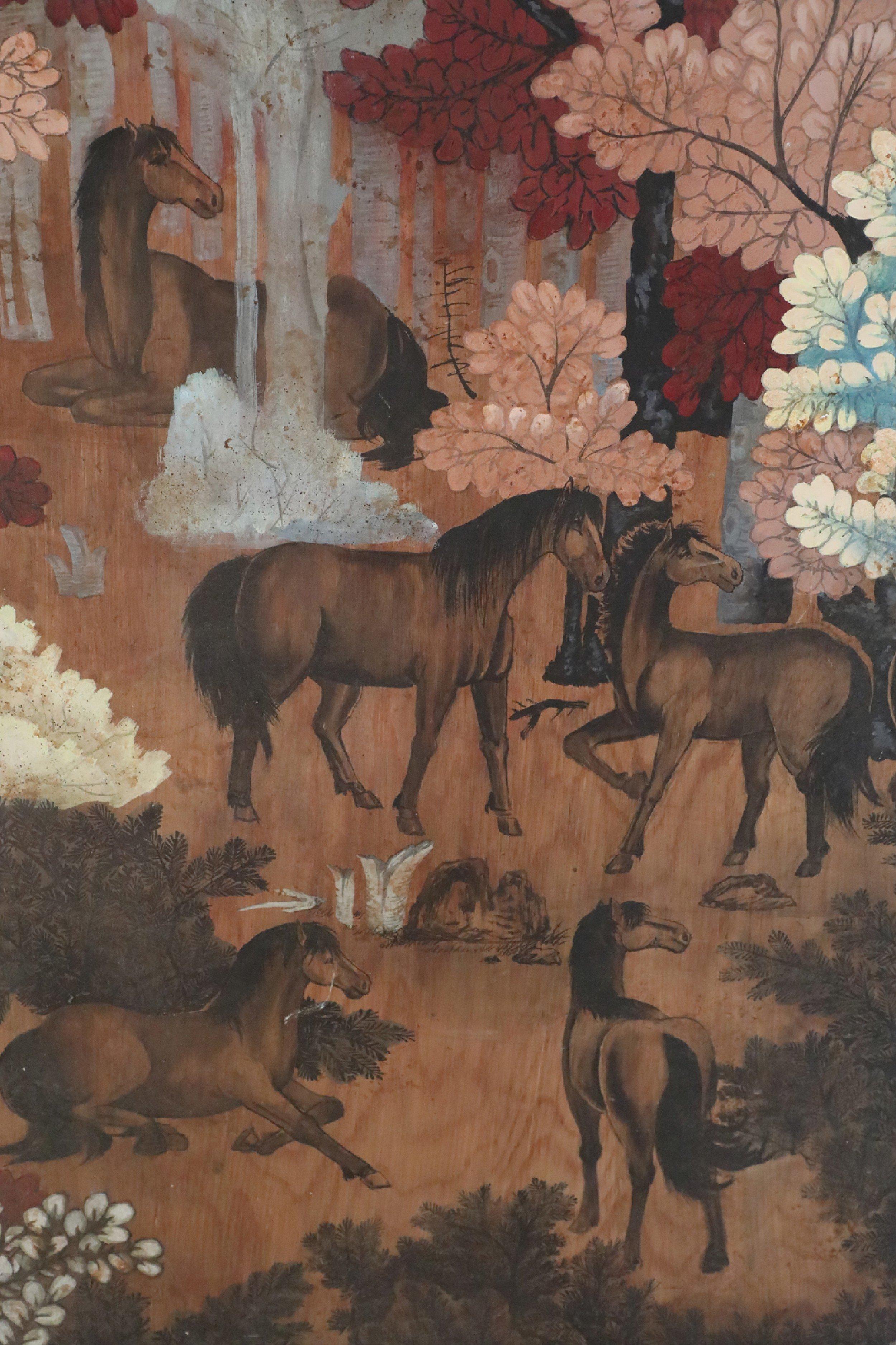 Peinture sur bois - Chevaux dans la forêt d'automne Bon état - En vente à New York, NY