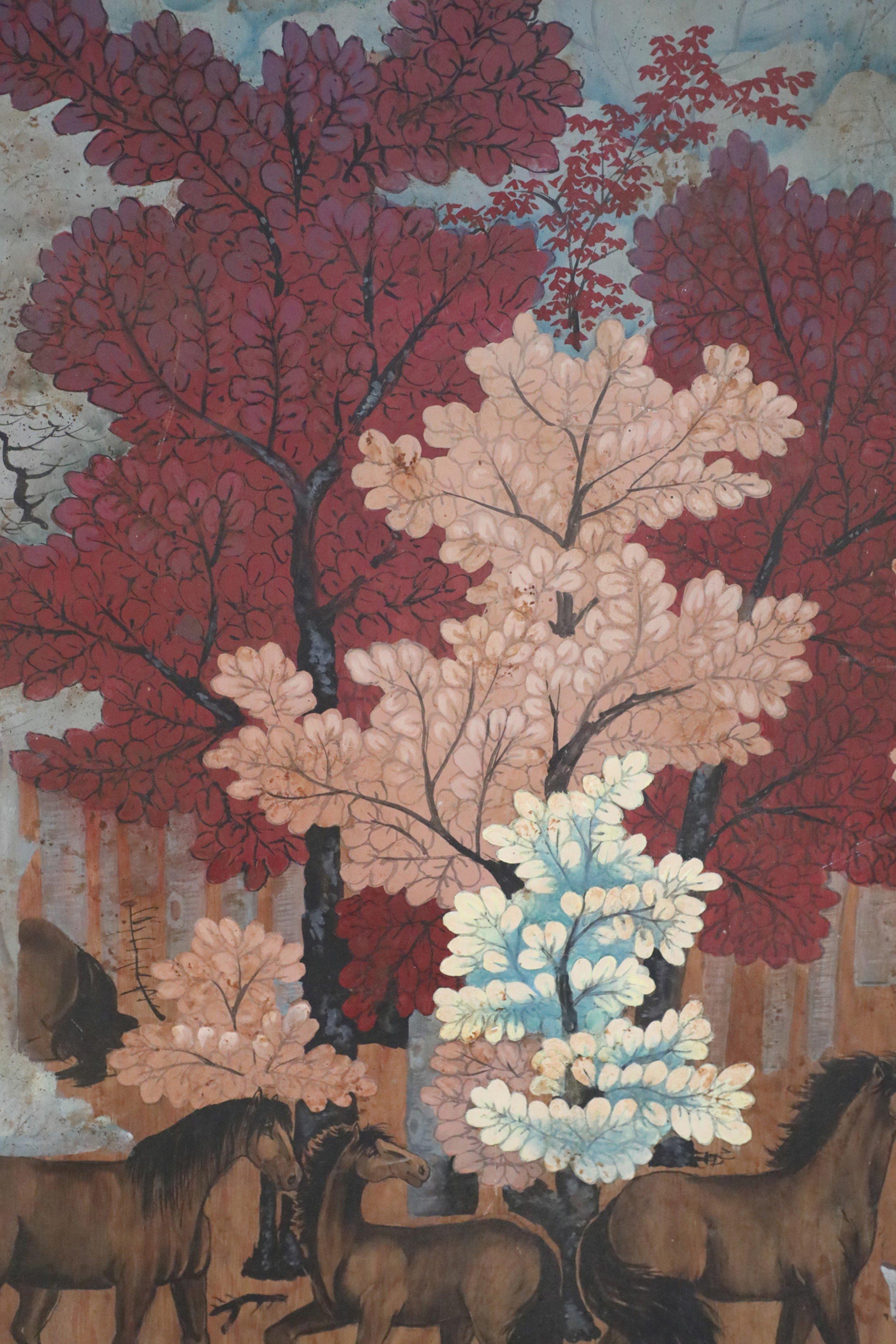 20ième siècle Peinture sur bois - Chevaux dans la forêt d'automne en vente