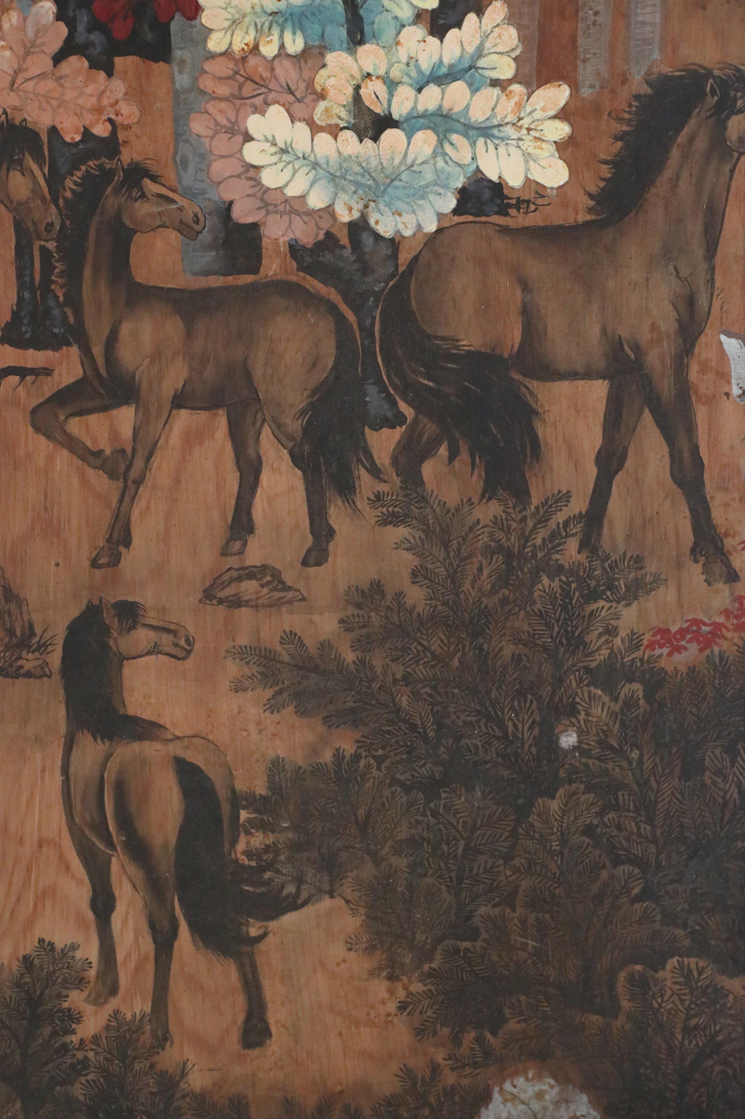 Acrylique Peinture sur bois - Chevaux dans la forêt d'automne en vente