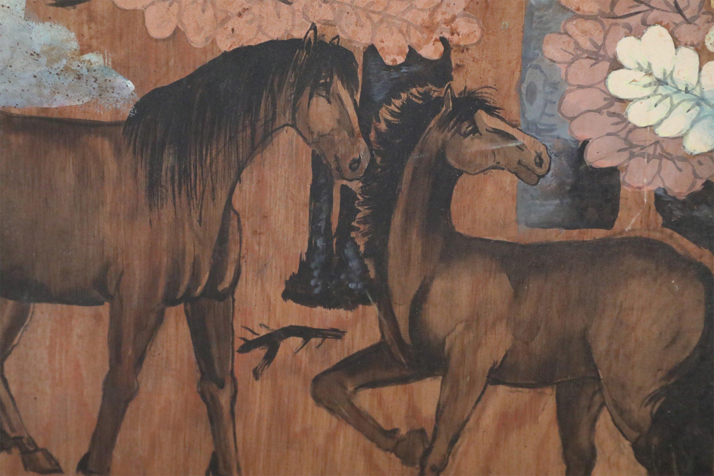 Peinture sur bois - Chevaux dans la forêt d'automne en vente 1