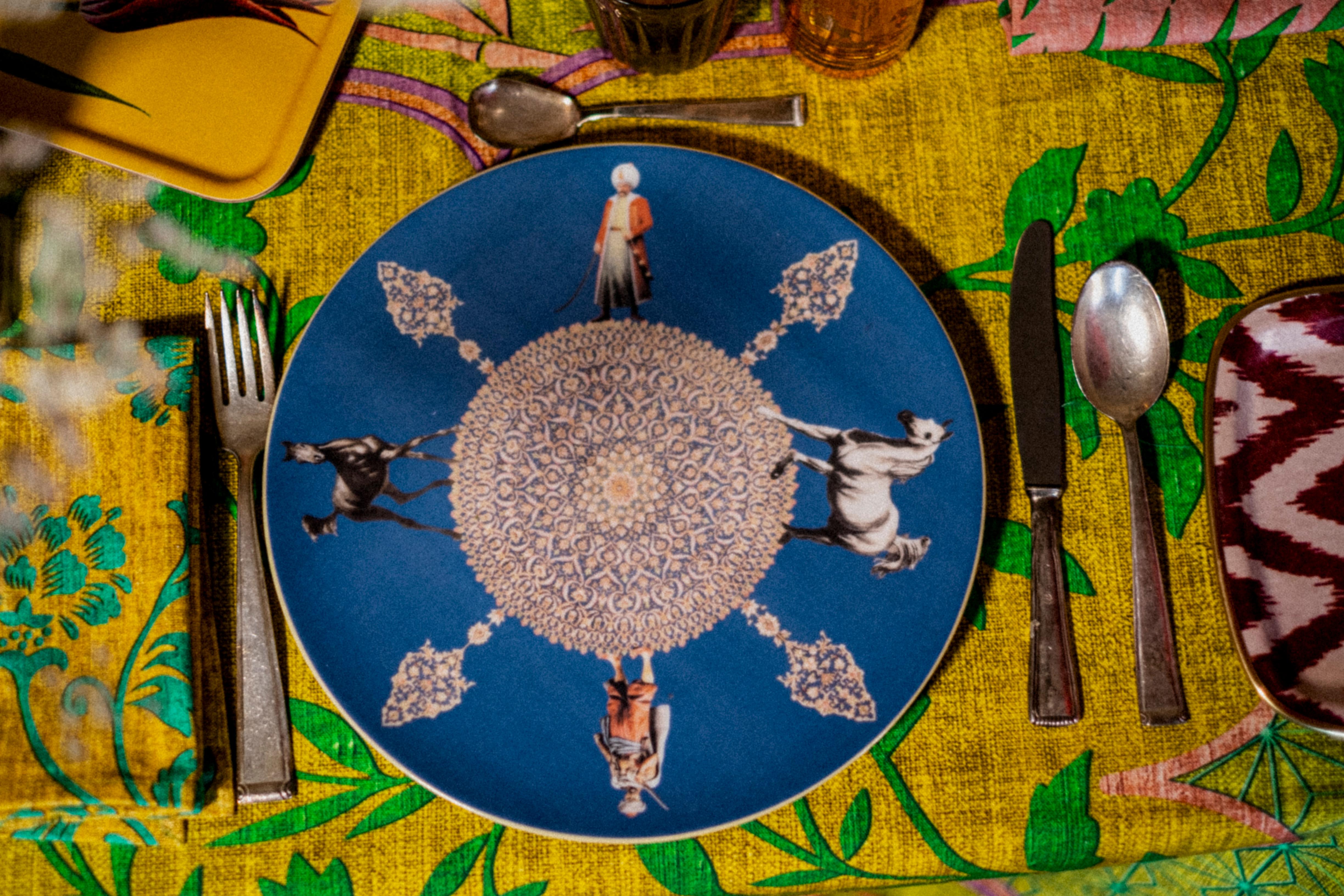 Contemporary dinner plate 'Horses' designed by Vito Nesta for Les-Ottomans, a magical trip in an Ottoman world made of exotic animals and characters such as dancers, soldiers and musicians. A collection of 12 pieces that will bring colors and