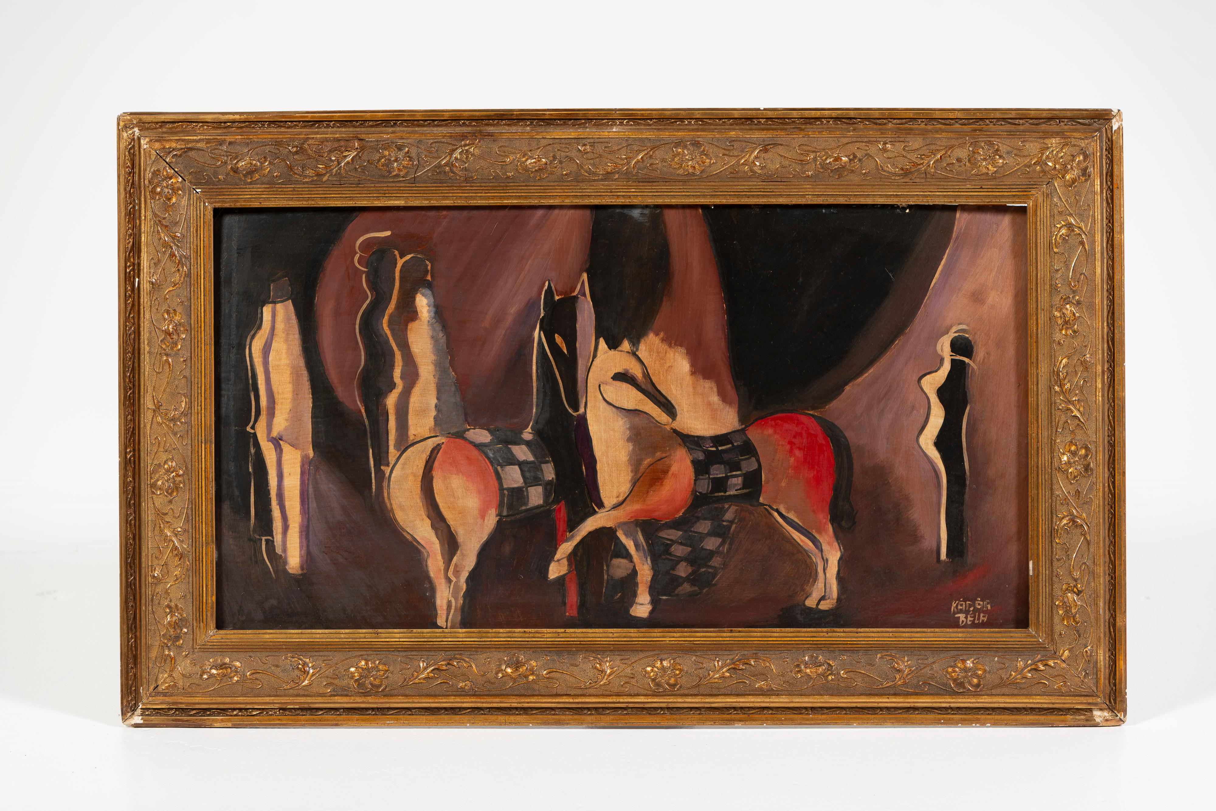 Peinture à l'huile sur panneau, signée par Bela Kadar, Hongrie, 1877 - 1955, représentant un cheval et des personnes dans un style cubiste/moderniste.  Le tableau actuel mesure 39