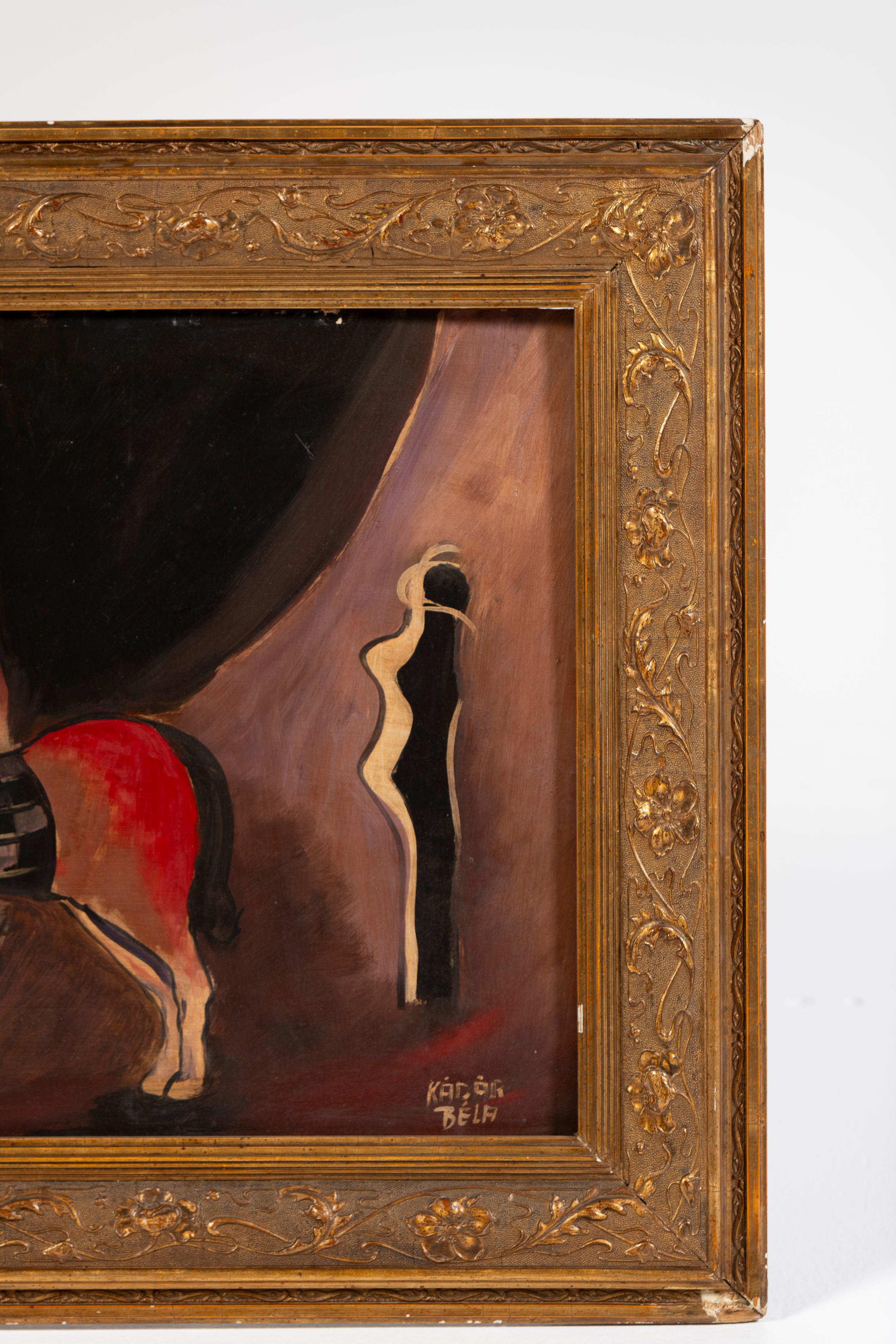 Moderne Chevaux avec personnages, huile sur carton, encadré, Bela Kadar, signé, Hongrie, 1920-30