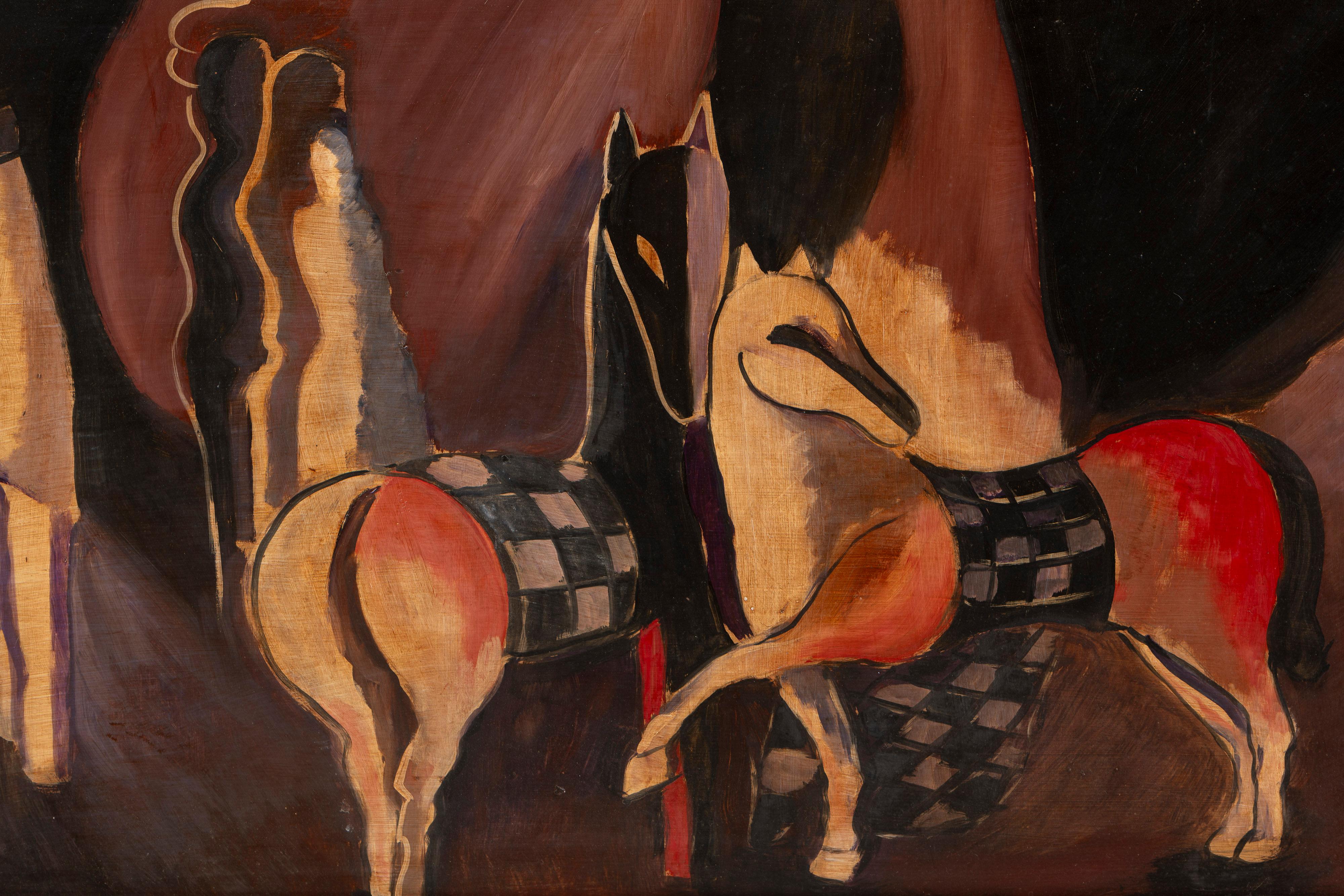 Peint à la main Chevaux avec personnages, huile sur carton, encadré, Bela Kadar, signé, Hongrie, 1920-30