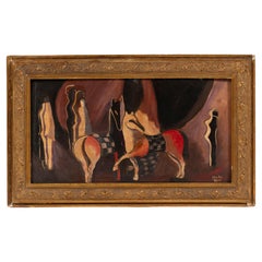 Antique Horses with Figures, Oil on Board, Framed, Bela Kadar, Signed, Hungary, 1920-30