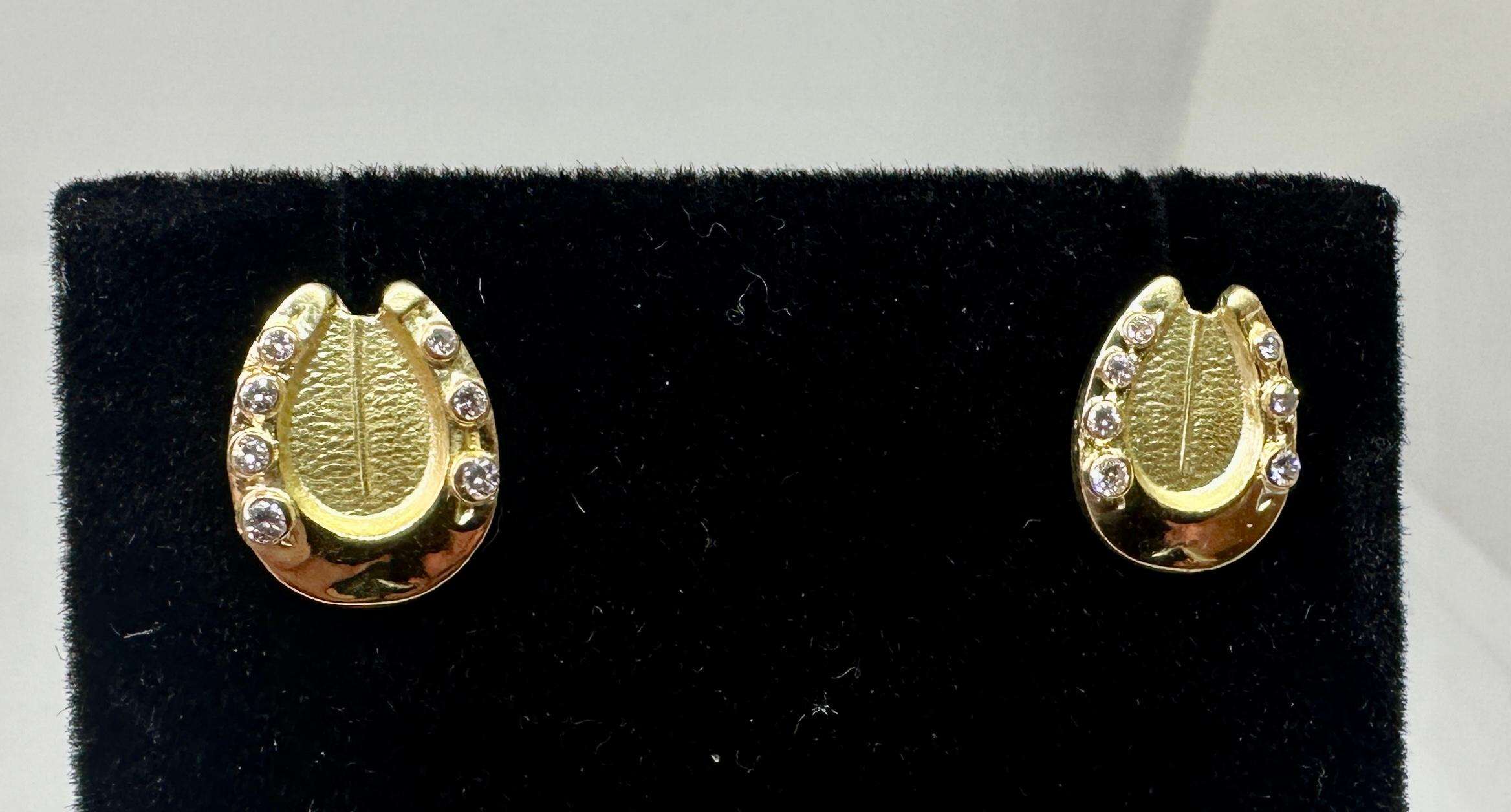 Taille ronde Boucles d'oreilles fer à cheval rétro Good Luck France en or jaune 18 carats et 14 diamants en vente