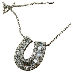 Horseshoe 1.40ct Diamond (Round & Baguette) Cluster White Gold Pendant Necklace