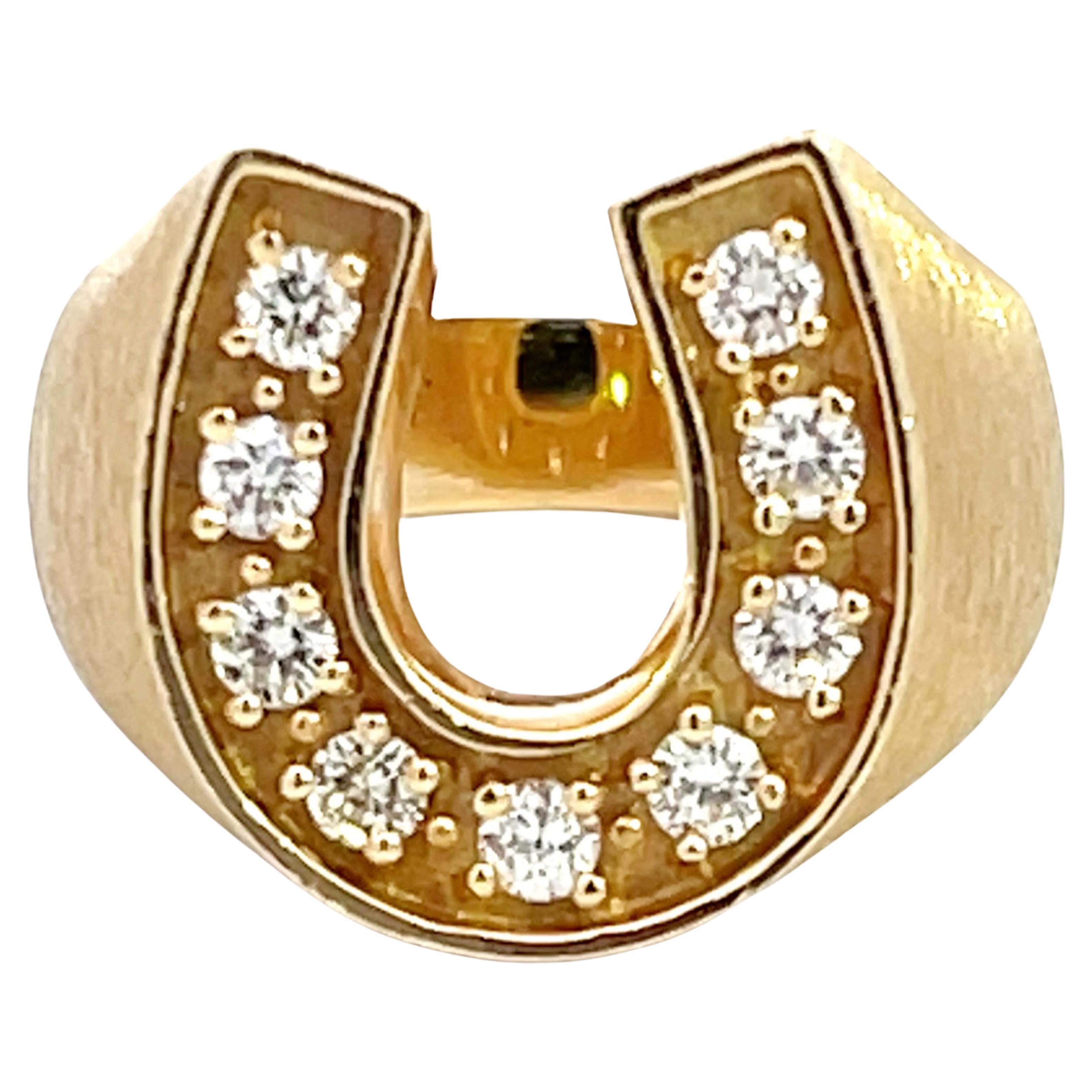 Horseshoe 9 Diamond Satin Finish Ring in 14k Yellow Gold For Sale