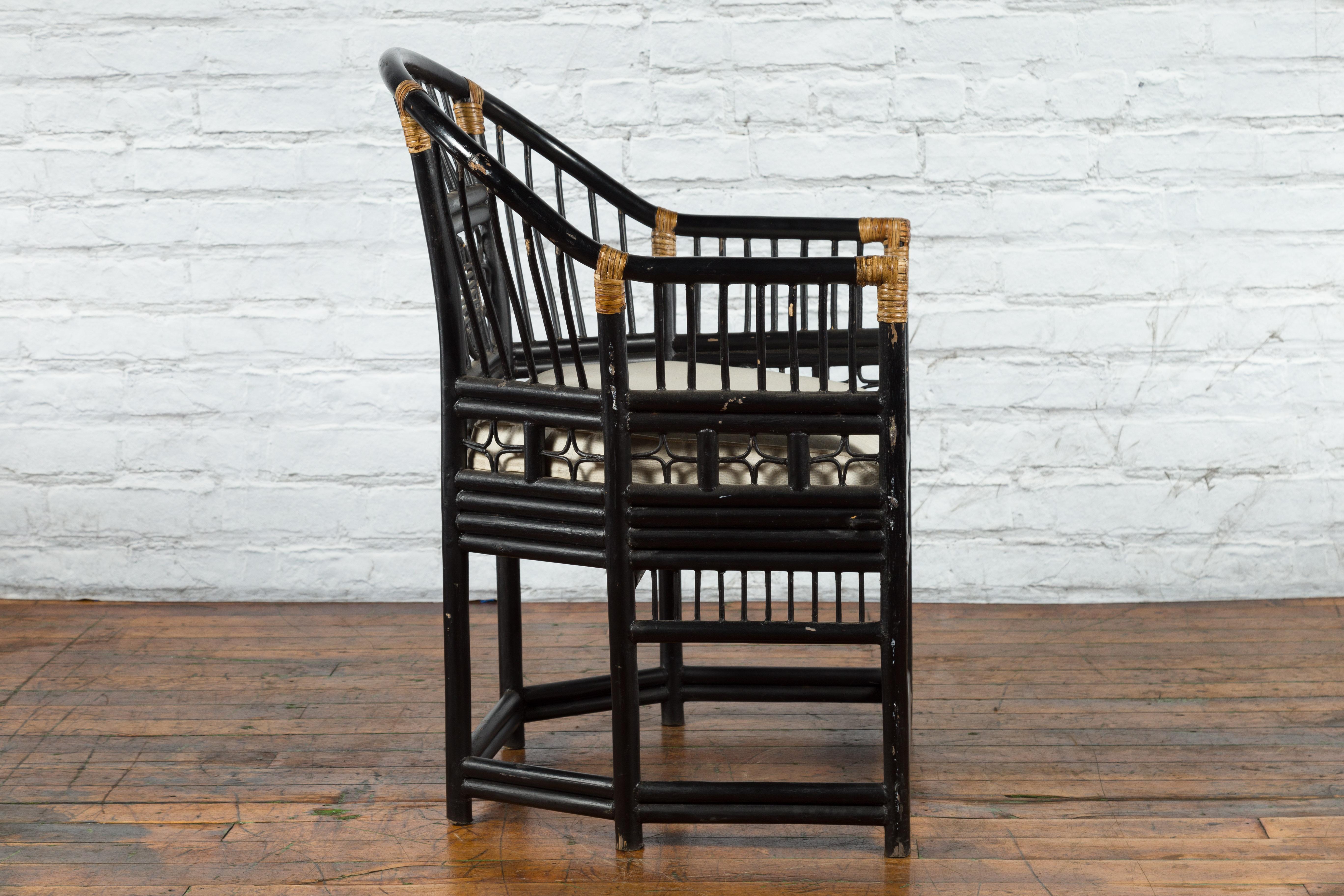 Burmese Horseshoe Back Chair with Bamboo Fretwork Geometric Motifs For Sale