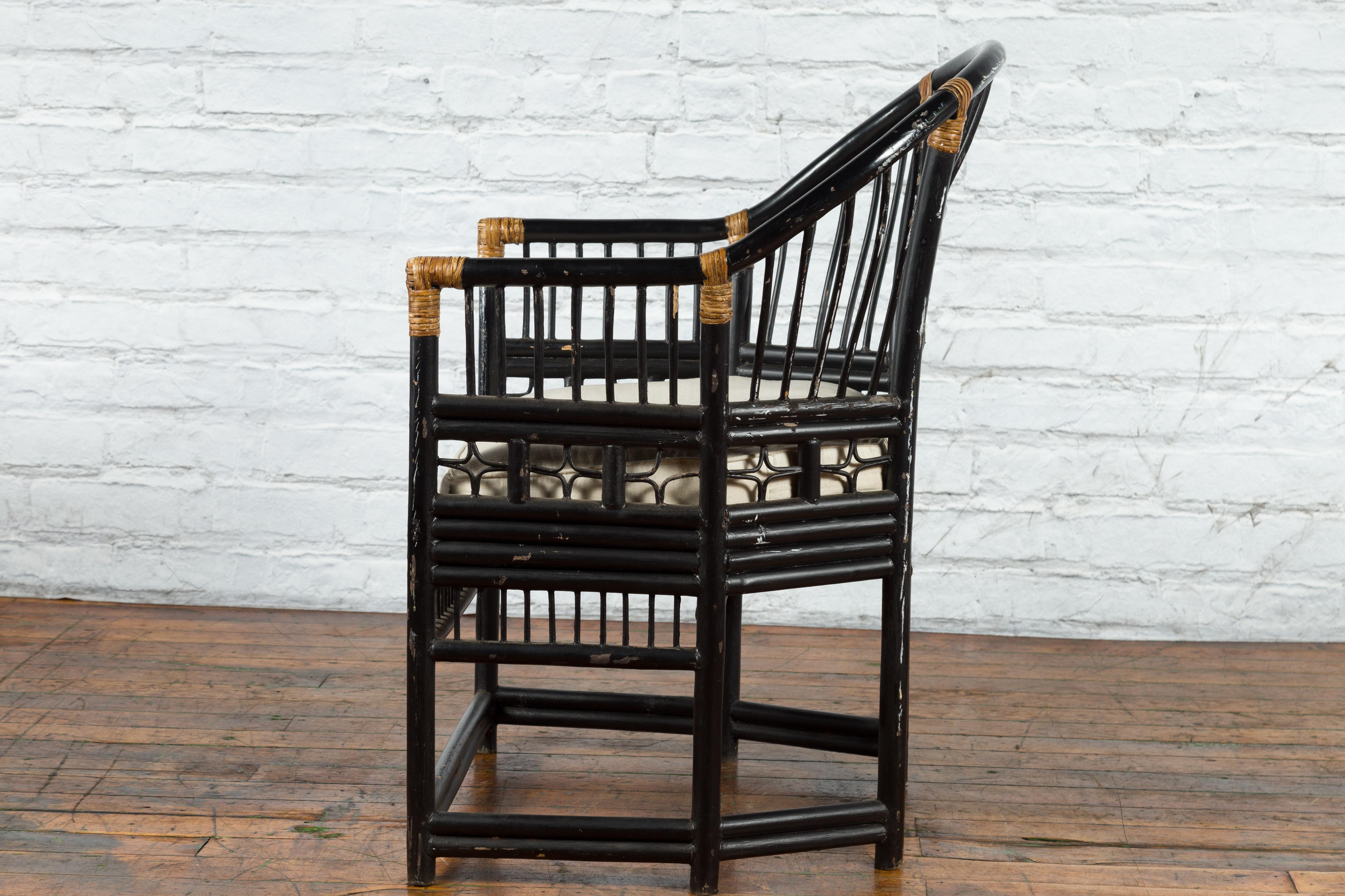 Late 20th Century Horseshoe Back Chair with Bamboo Fretwork Geometric Motifs For Sale