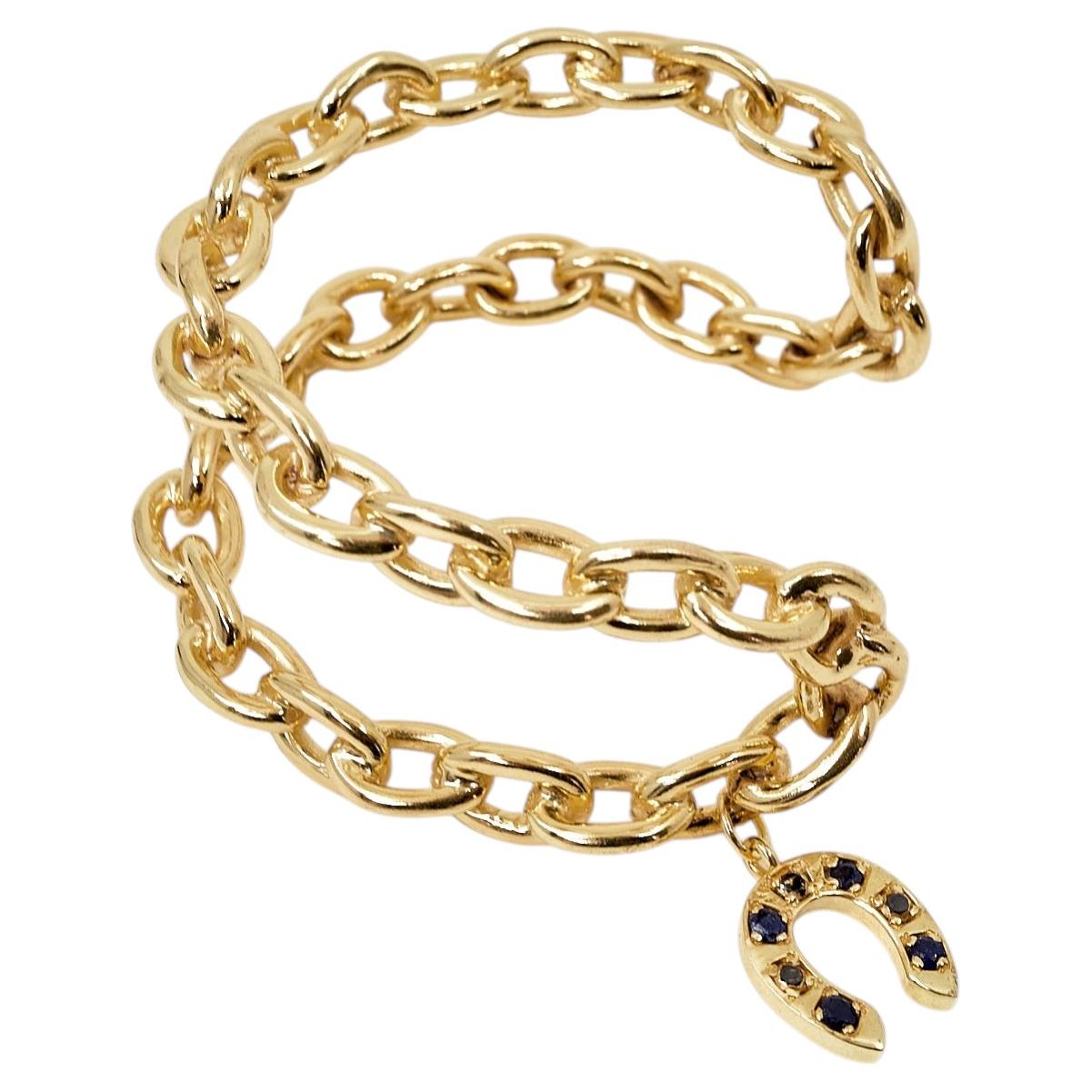Horseshoe Bracelet Black Diamond Blue Sapphire Chain Cuff Lucky Charm Gold For Sale