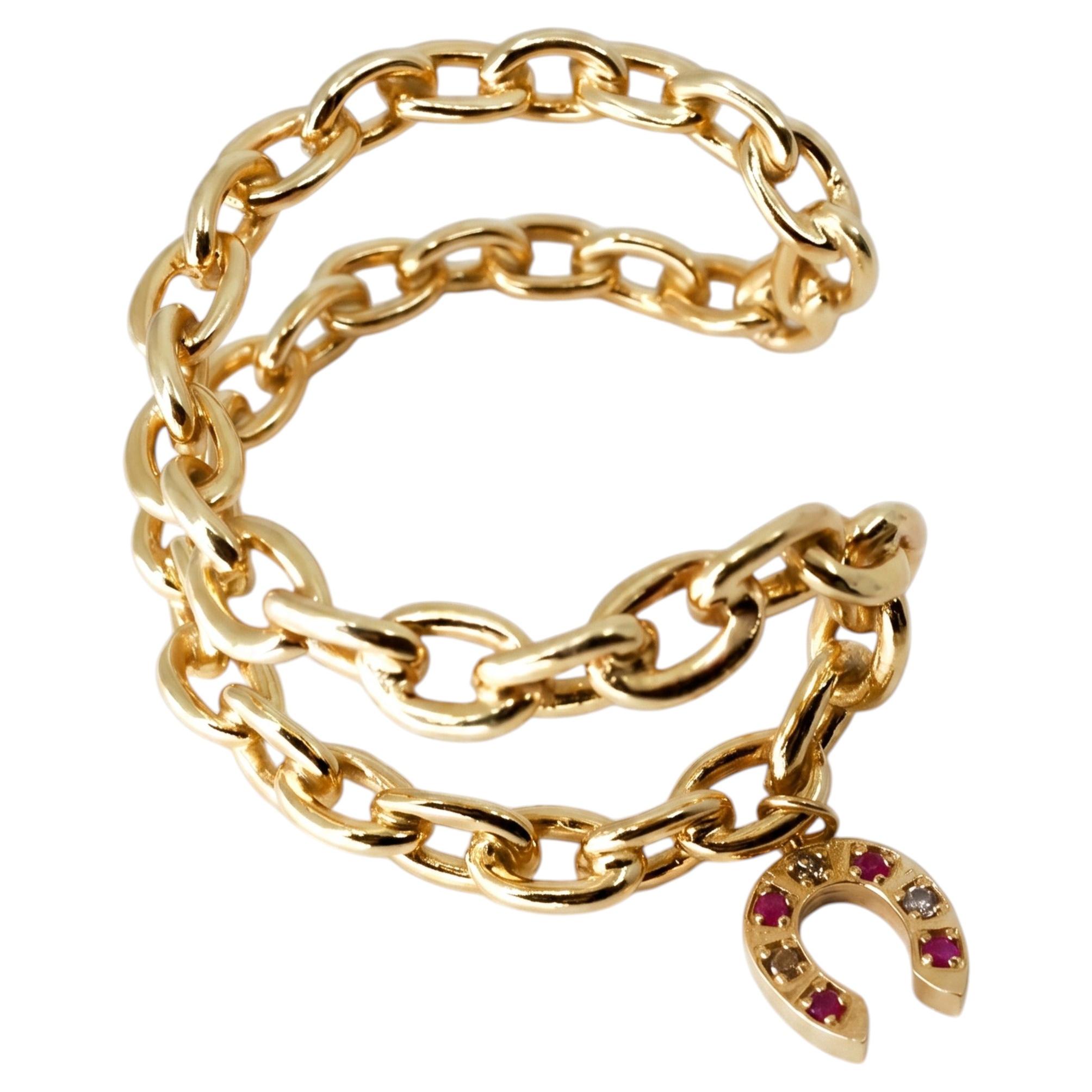Horseshoe Charm Bracelet Ruby Diamond Chain Cuff Good Luck 14k Gold Plated
