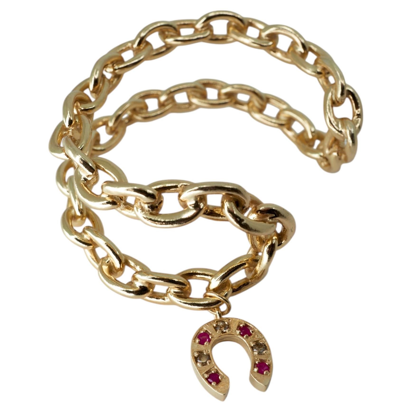 Horseshoe Charm Bracelet — Ruby & White Diamond — Victorian Talisman Jewelry