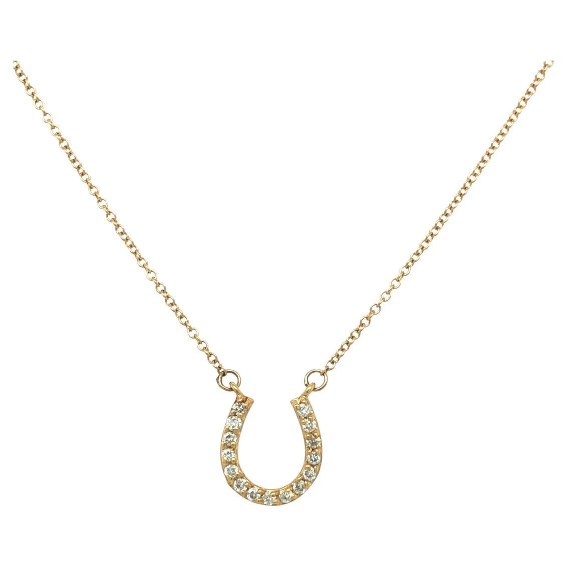 Horseshoe Charm Pendant Diamond Necklace 14K Yellow Gold For Sale