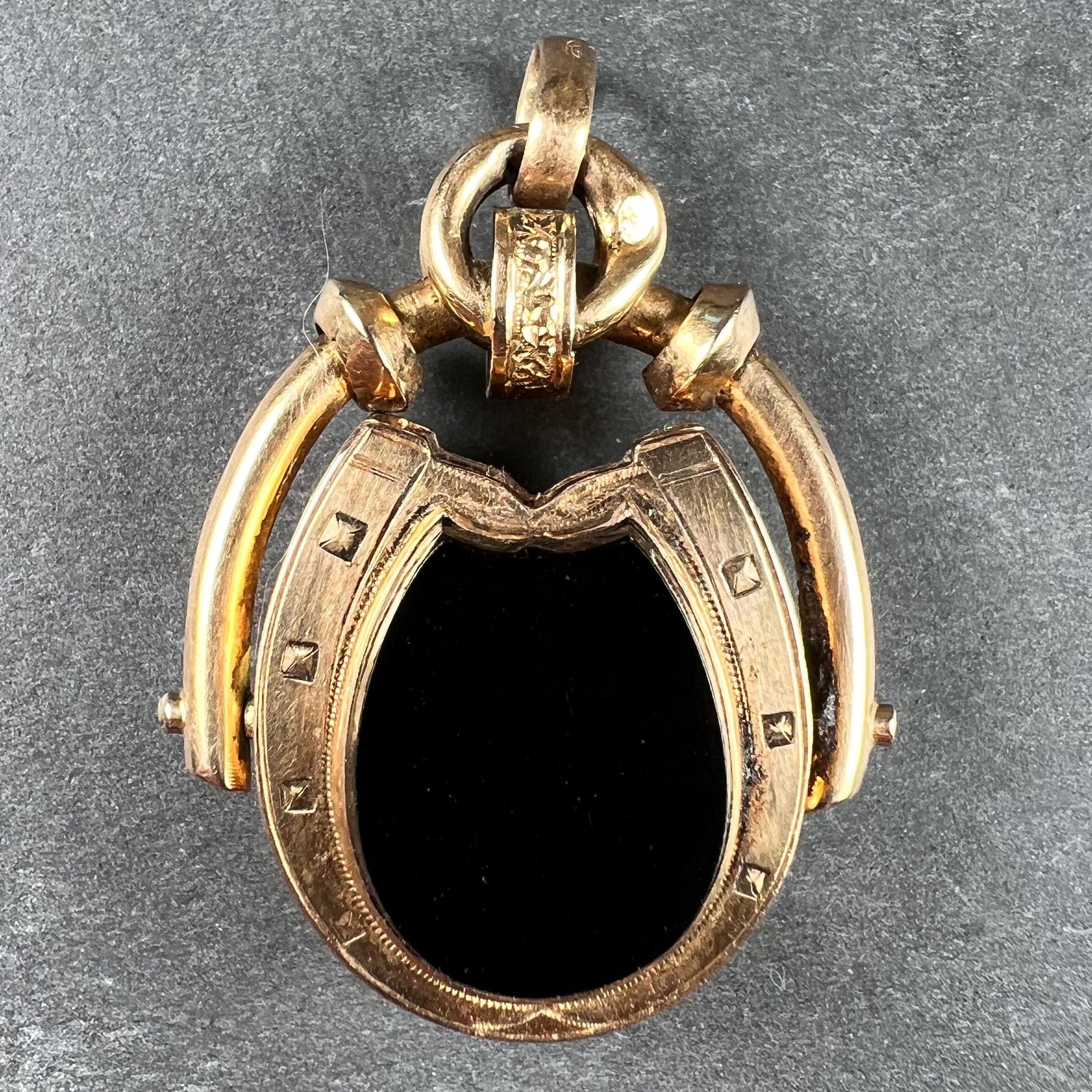 Victorian Horseshoe Onyx Horse Cameo 18K Rose Gold Pendant Locket For Sale