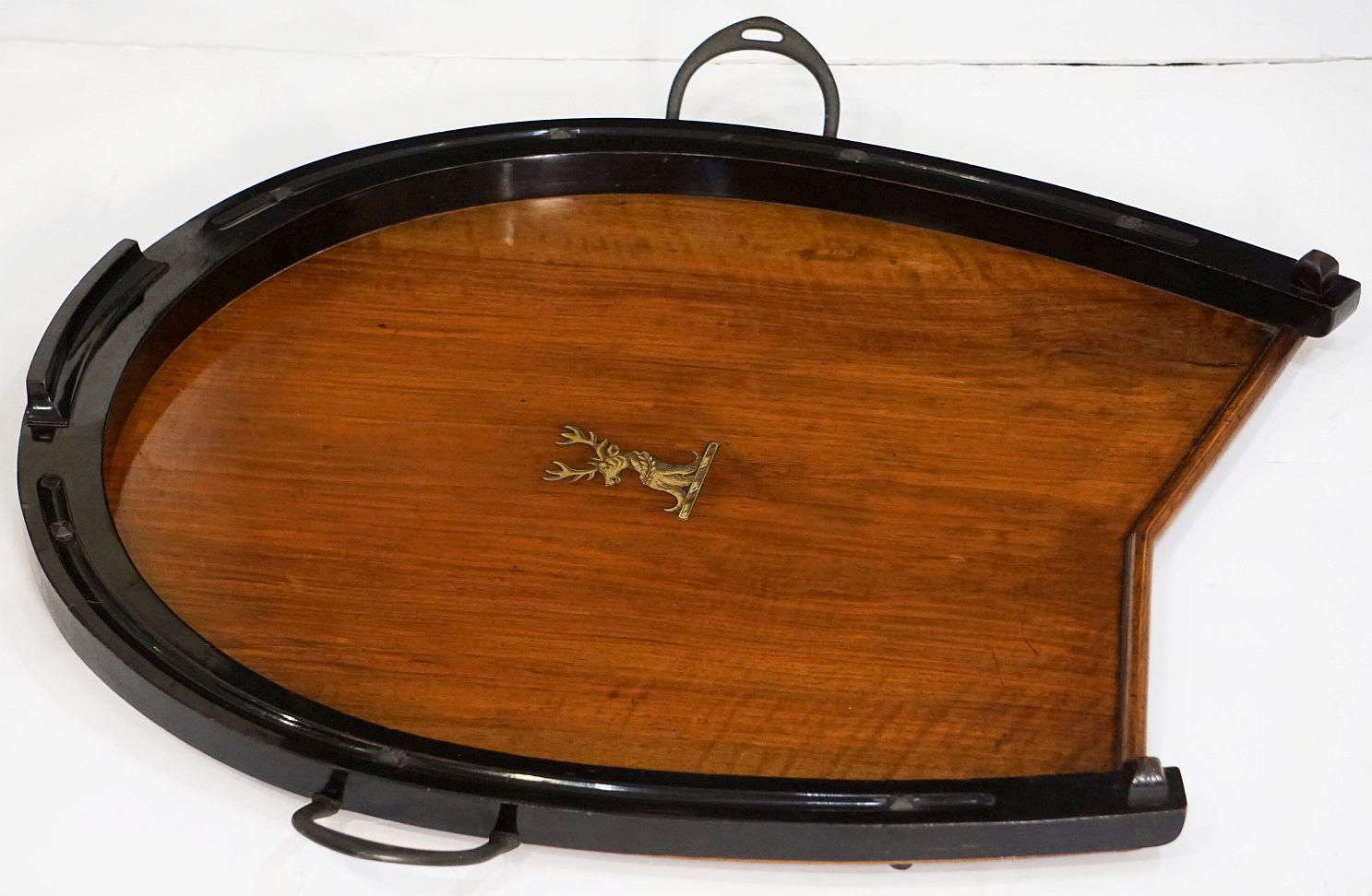 Horseshoe-Shaped Tray of Walnut with Inlaid Brass Stag from England 2