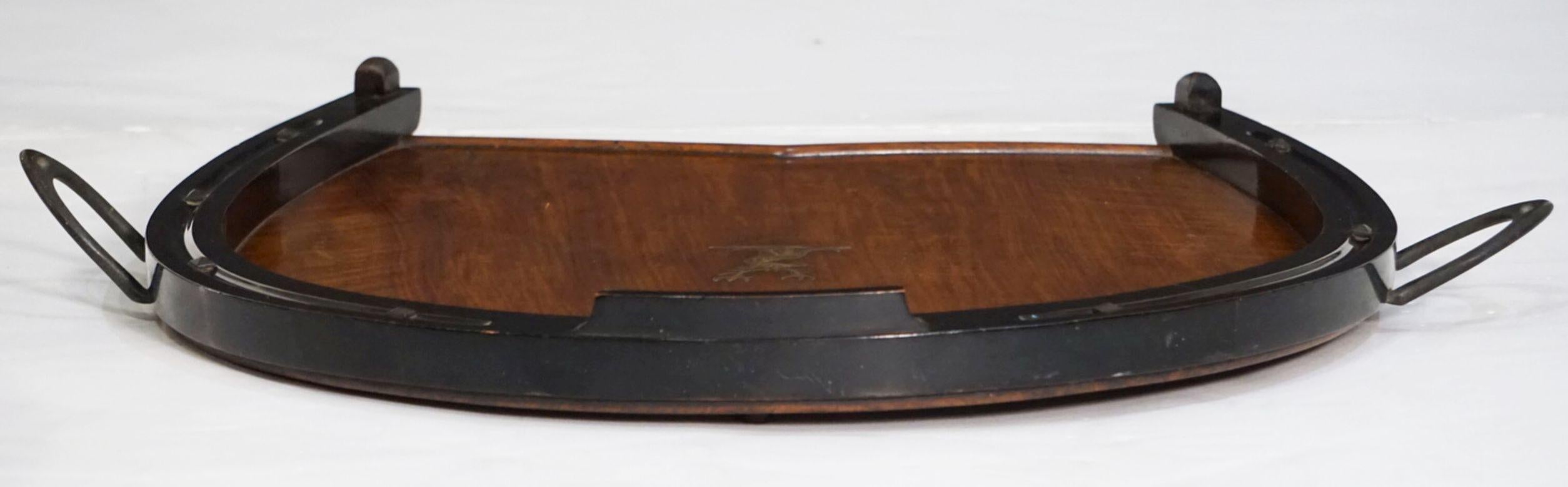 Horseshoe-Shaped Tray of Walnut with Inlaid Brass Stag from England 5