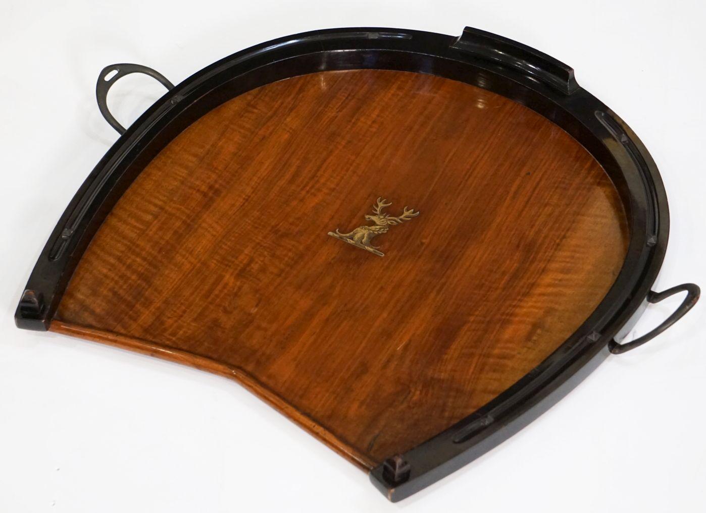 Edwardian Horseshoe-Shaped Tray of Walnut with Inlaid Brass Stag from England
