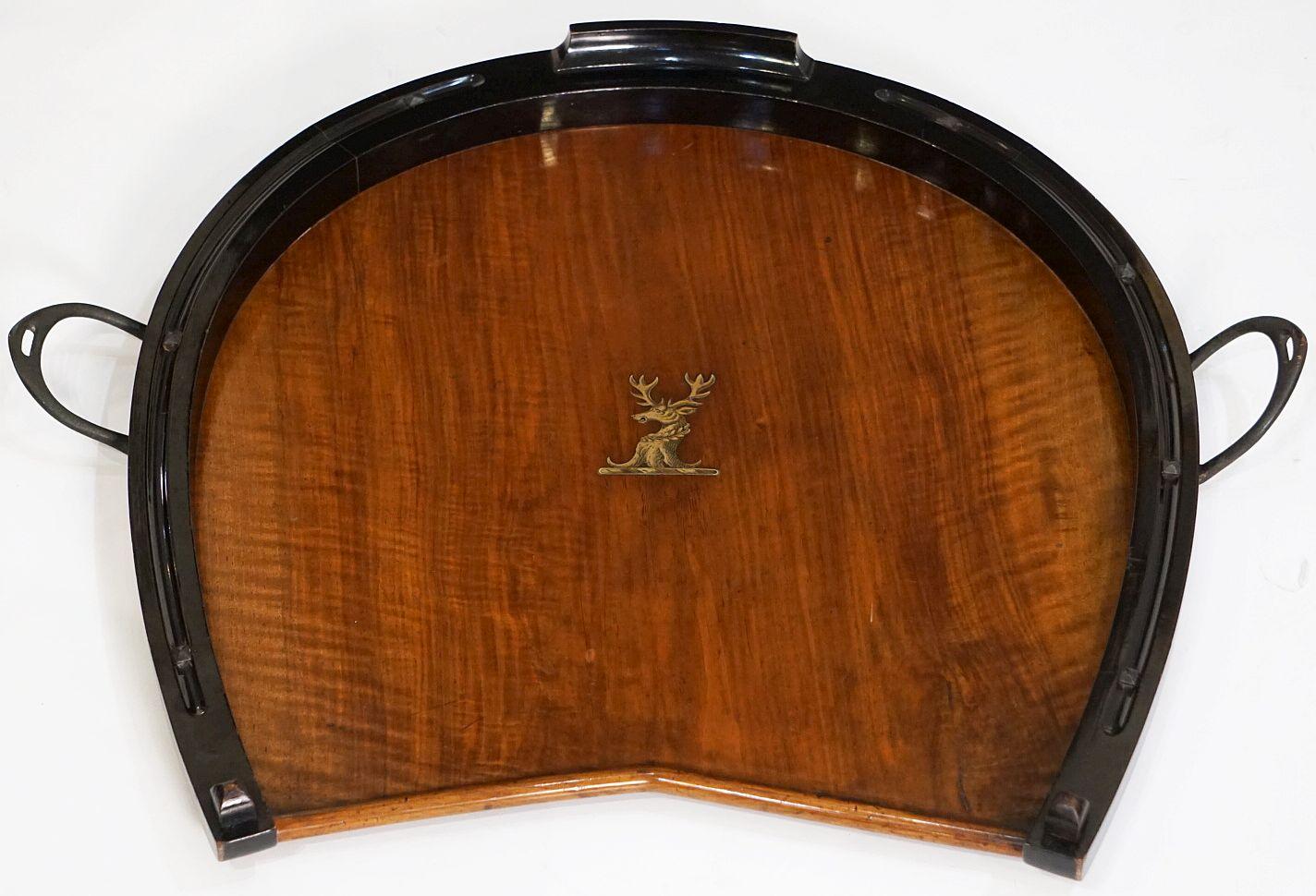 English Horseshoe-Shaped Tray of Walnut with Inlaid Brass Stag from England