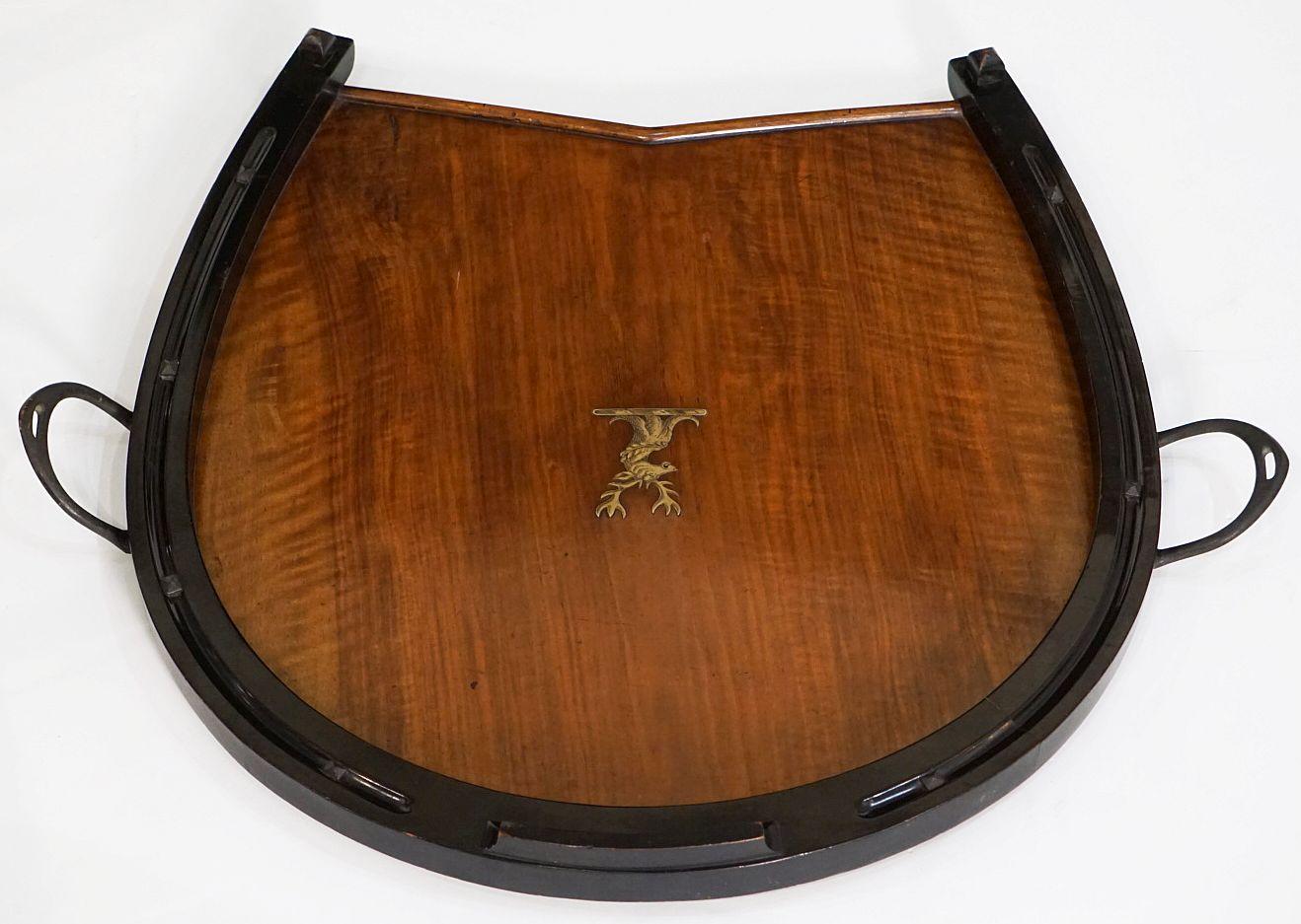 Patinated Horseshoe-Shaped Tray of Walnut with Inlaid Brass Stag from England
