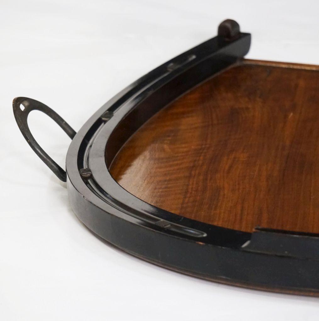 Horseshoe-Shaped Tray of Walnut with Inlaid Brass Stag from England In Good Condition In Austin, TX