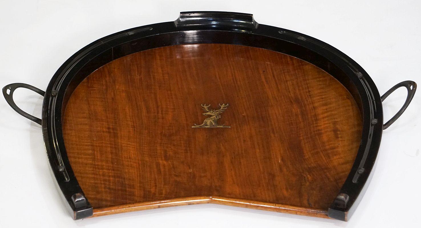 Iron Horseshoe-Shaped Tray of Walnut with Inlaid Brass Stag from England