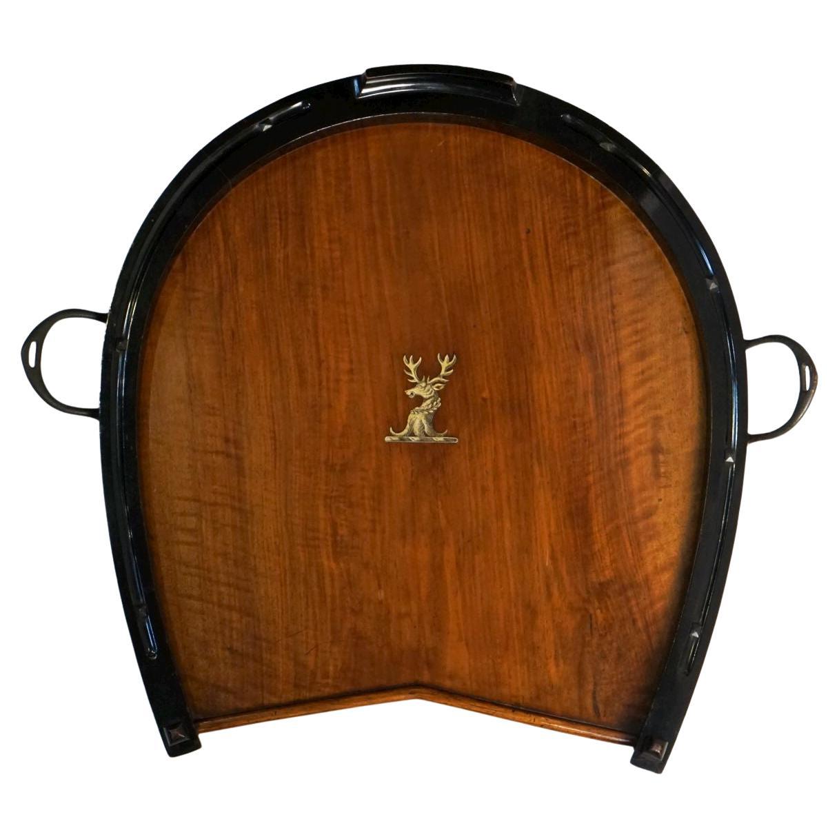 Horseshoe-Shaped Tray of Walnut with Inlaid Brass Stag from England