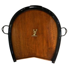 Horseshoe-Shaped Tray of Walnut with Inlaid Brass Stag from England