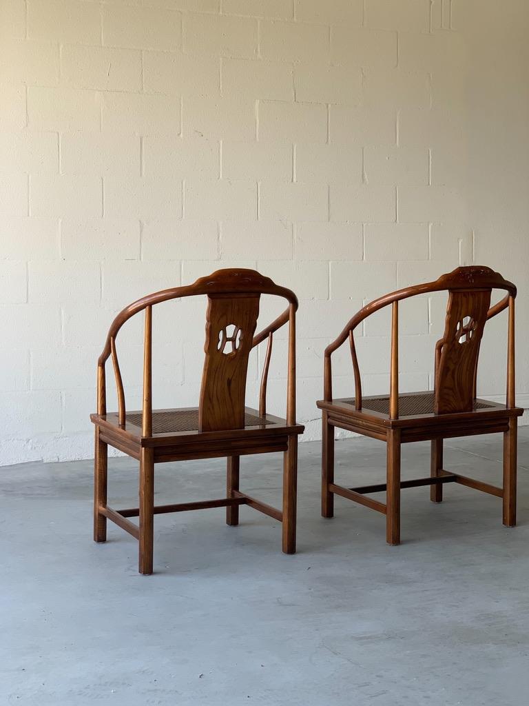 Elm Horseshoeback Chinoiserie Arm Chairs, a Pair