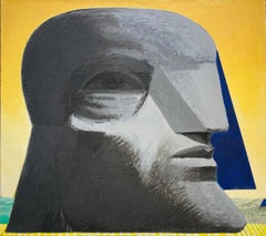 Large grey head with a blue Florentine cap. figurative, Aquatec, canvas