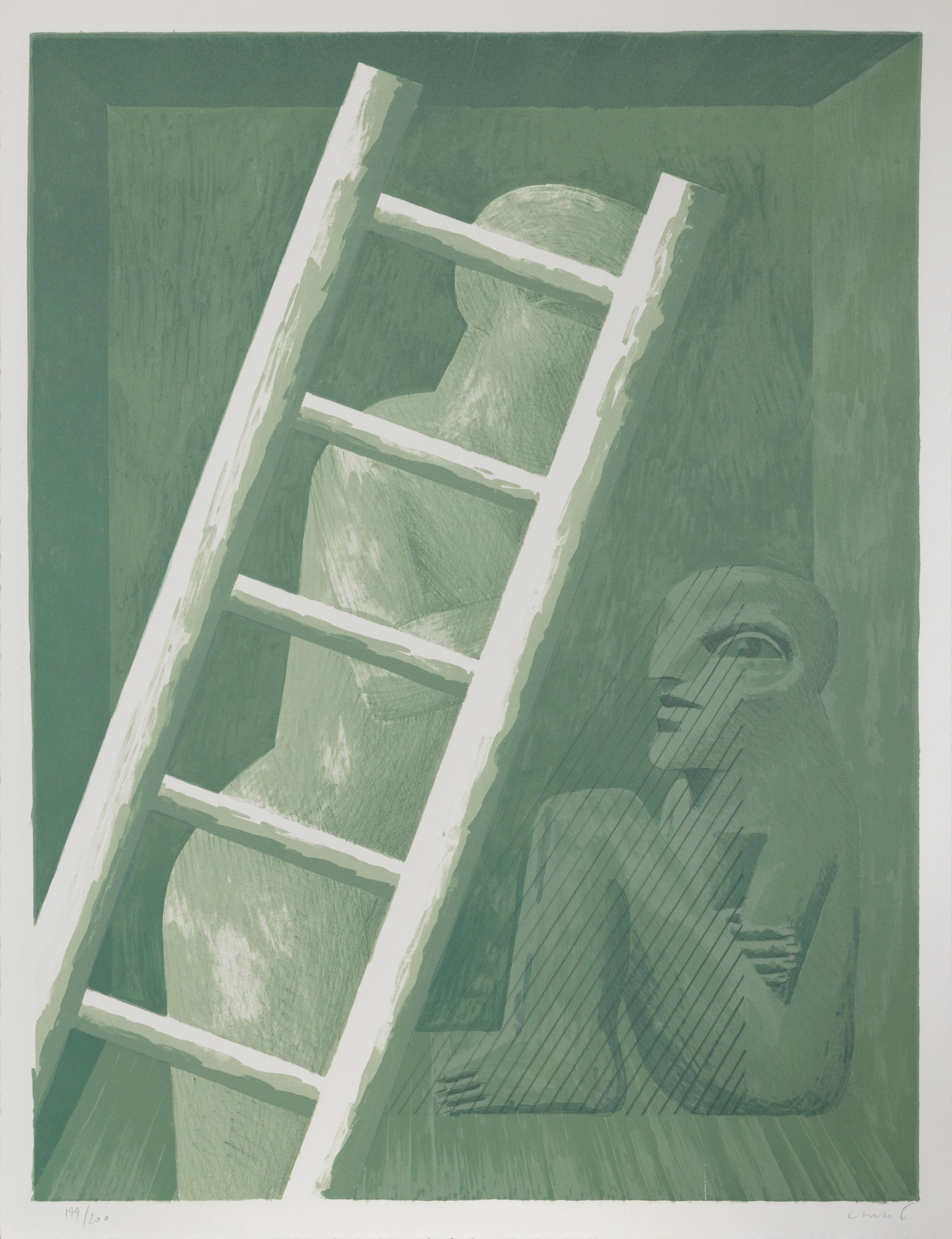 Figuras con escalera, litografía surrealista de Horst Antes