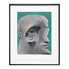 "Homage to Michelangelo" Modern Teal & Grey Tone Figurative Abstract Lithograph