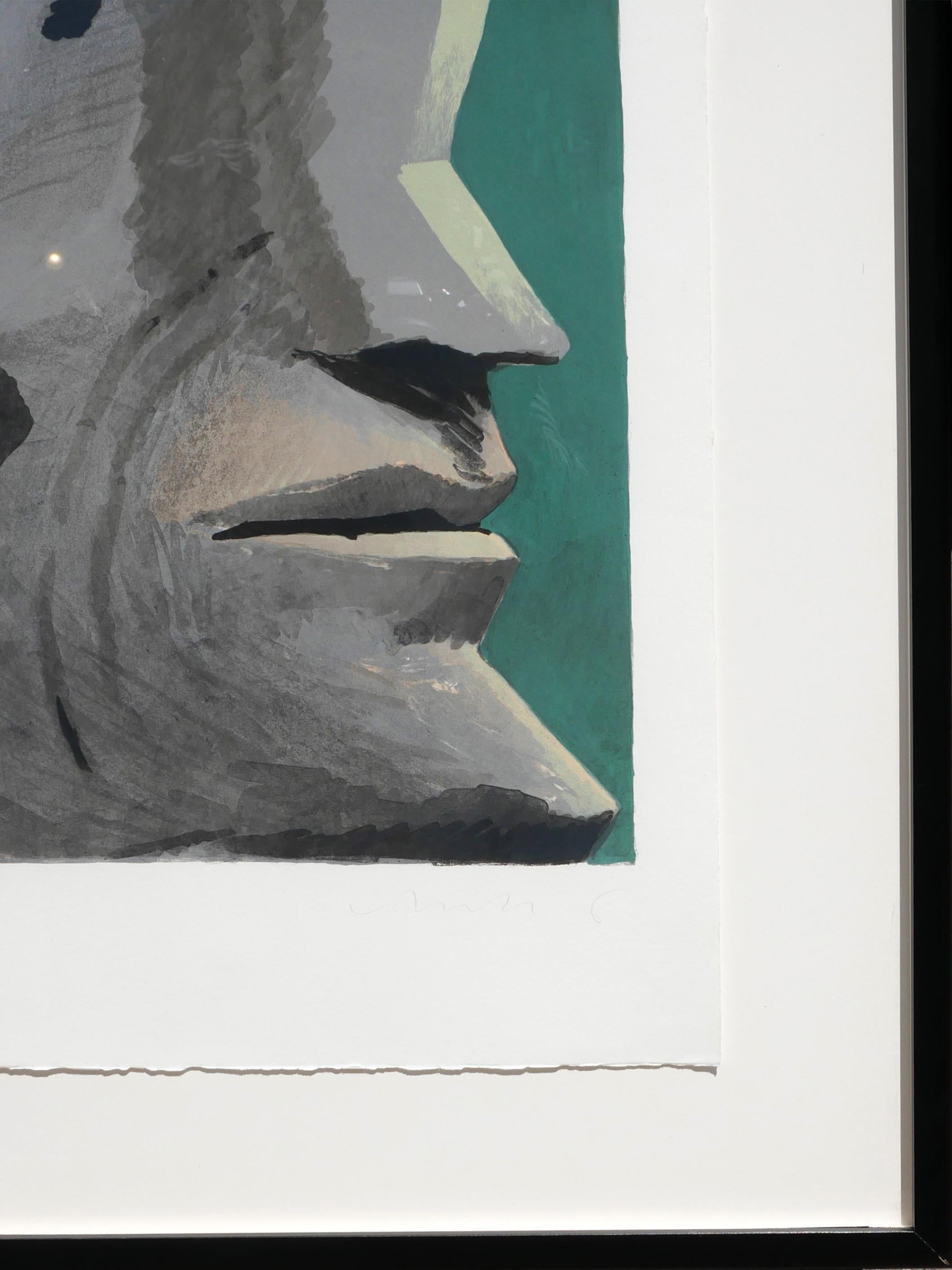 Moderna litografia figurativa astratta dell'artista tedesco Horst Antes. L'opera presenta una figura di ispirazione cubista con tratti del viso astratti su uno sfondo verde acqua. Quest'opera faceva parte di un portfolio di stampe creato nel 1975