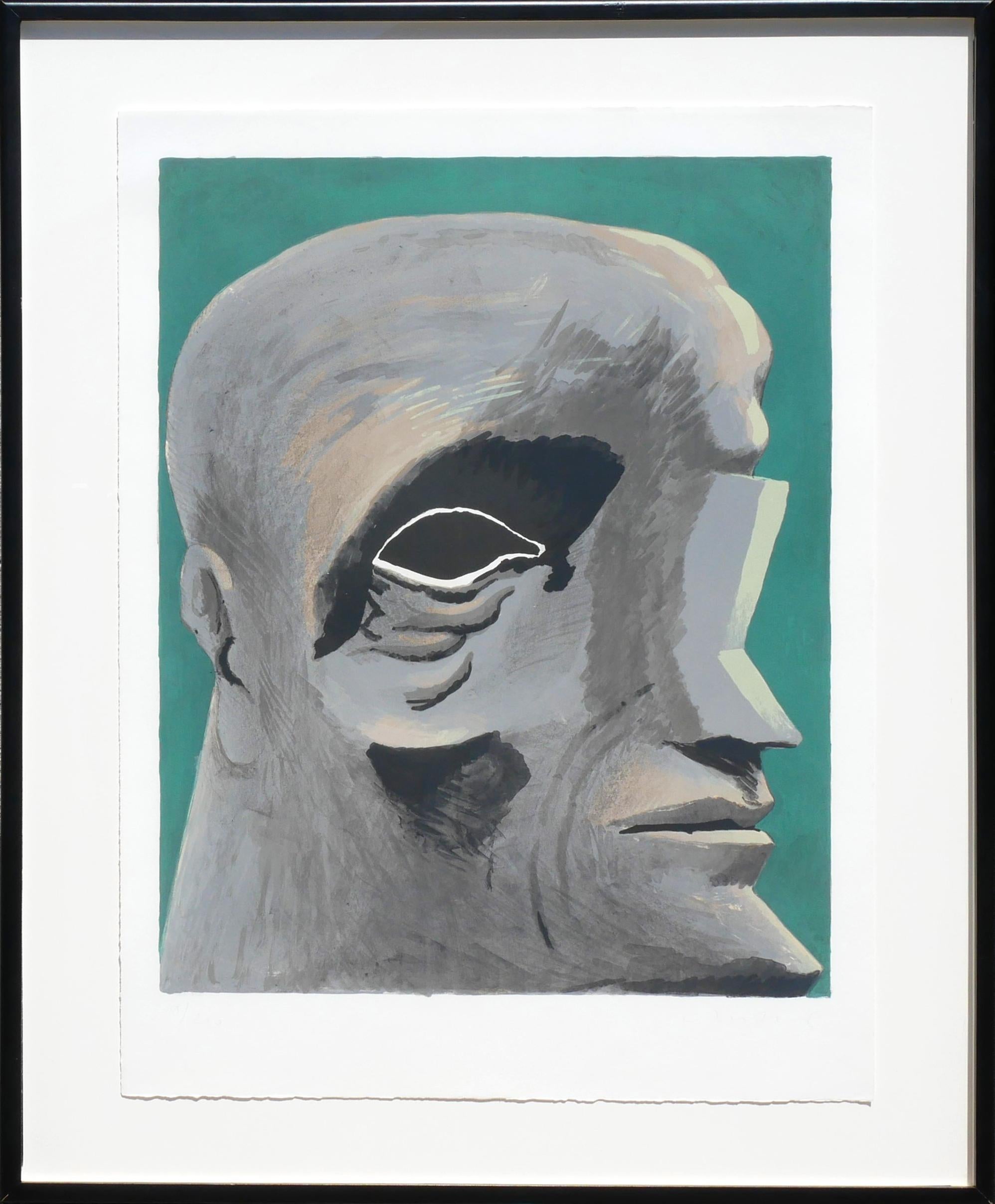 Portrait Print di Horst Antes - "Omaggio a Michelangelo" Litografia astratta figurativa moderna sui toni del verde e del grigio