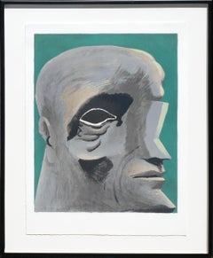 "Homenaje a Miguel Ángel" Litografía abstracta figurativa moderna en tonos teal y gris