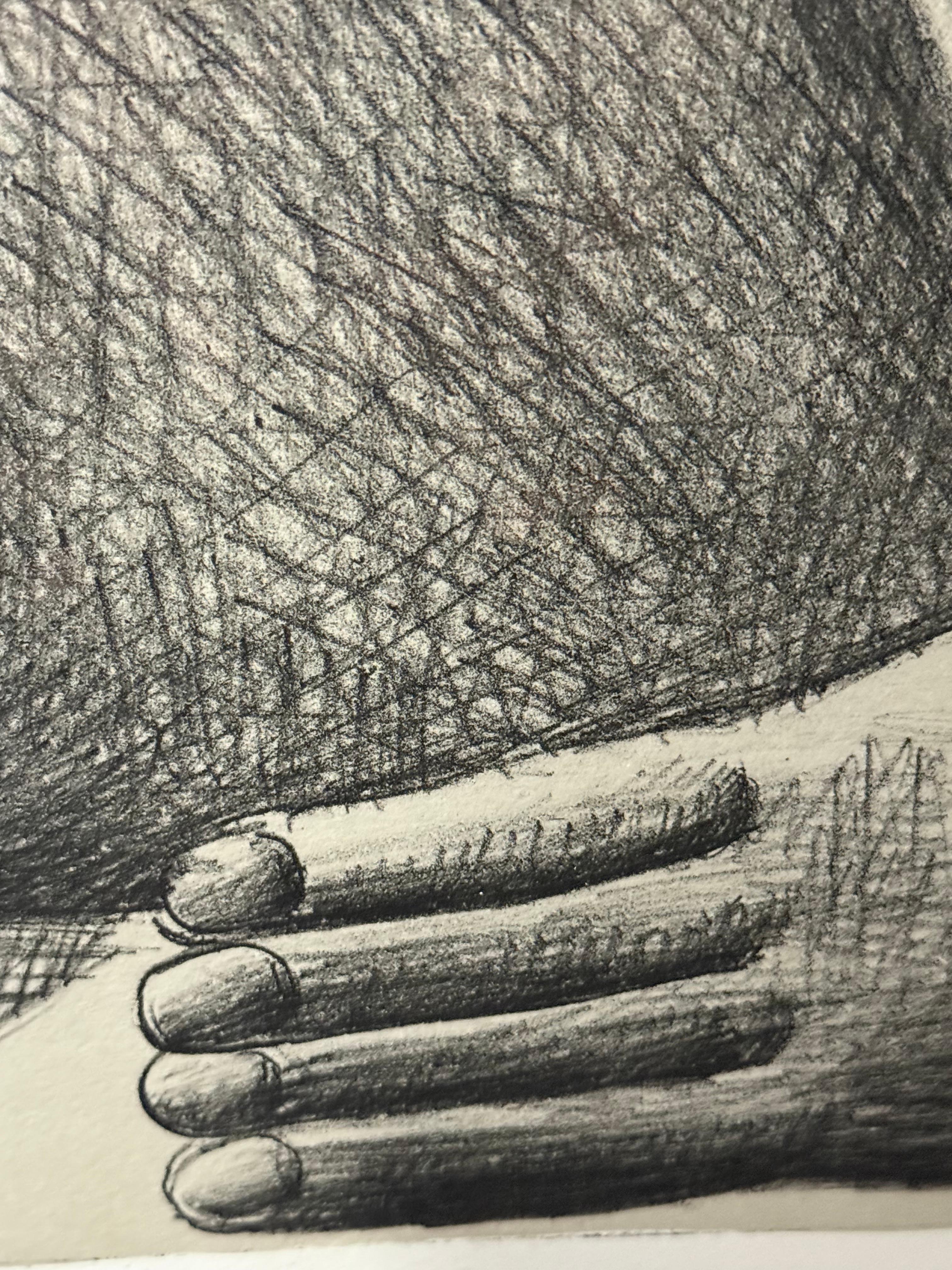 A surrealist etching in graphite tones portrays a distorted human form, with exaggerated facial features fused into the torso. A quintessential Kopffüßler—Antes’s iconic “head-footer” figure—stands in profile with the body reduced to a mask-like