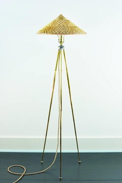 'Horst' Brass Tripod Lamp with Woven Grass Shade by Christopher Tennant