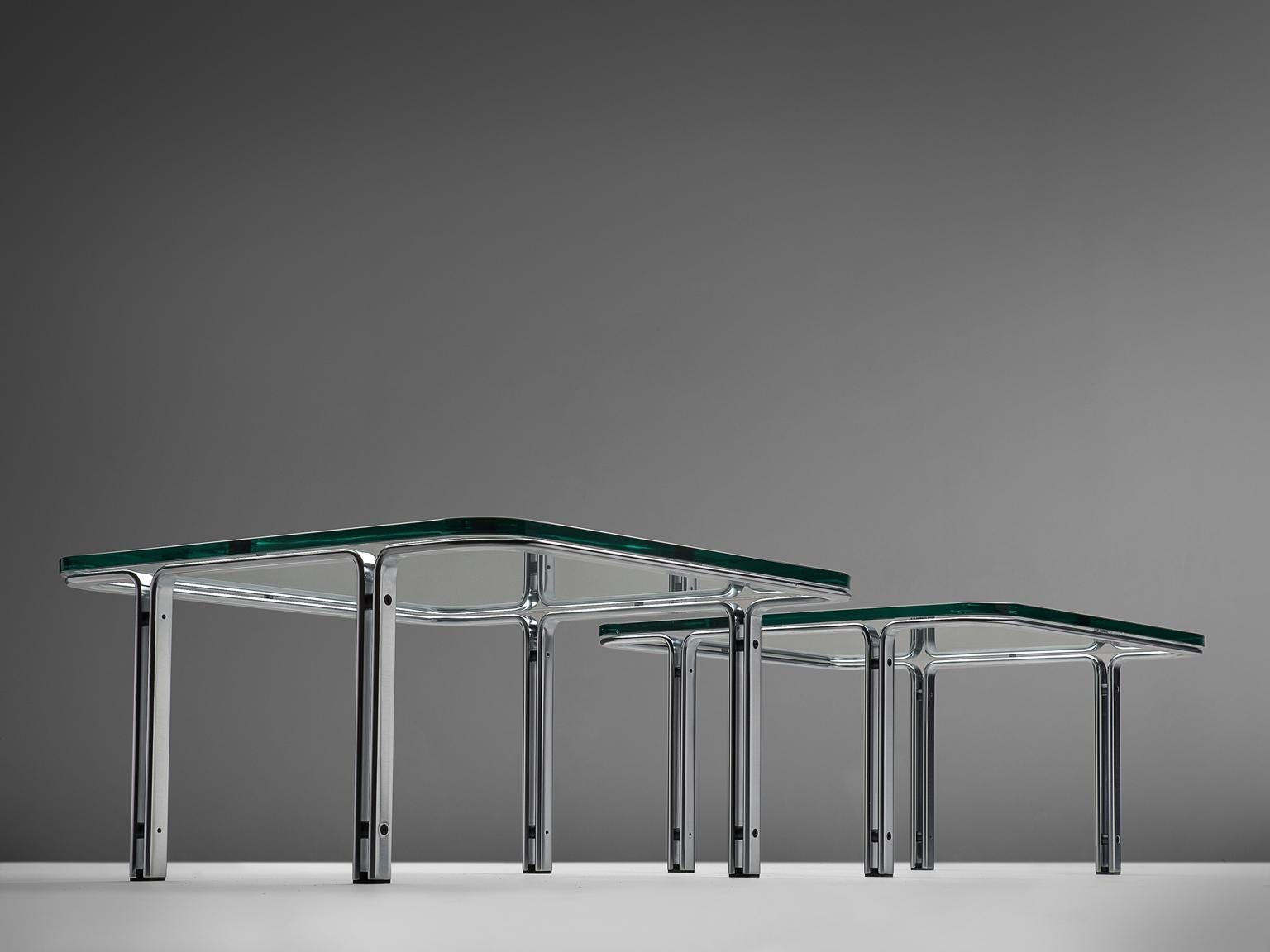 Coffee table, in steel and glass by Horst Bru¨ning for Kill International, Germany 1970s. 

Square cocktail table in chrome plates steel and glass. The design is simplistic, yet due the combination of materials, this table gets it characteristic