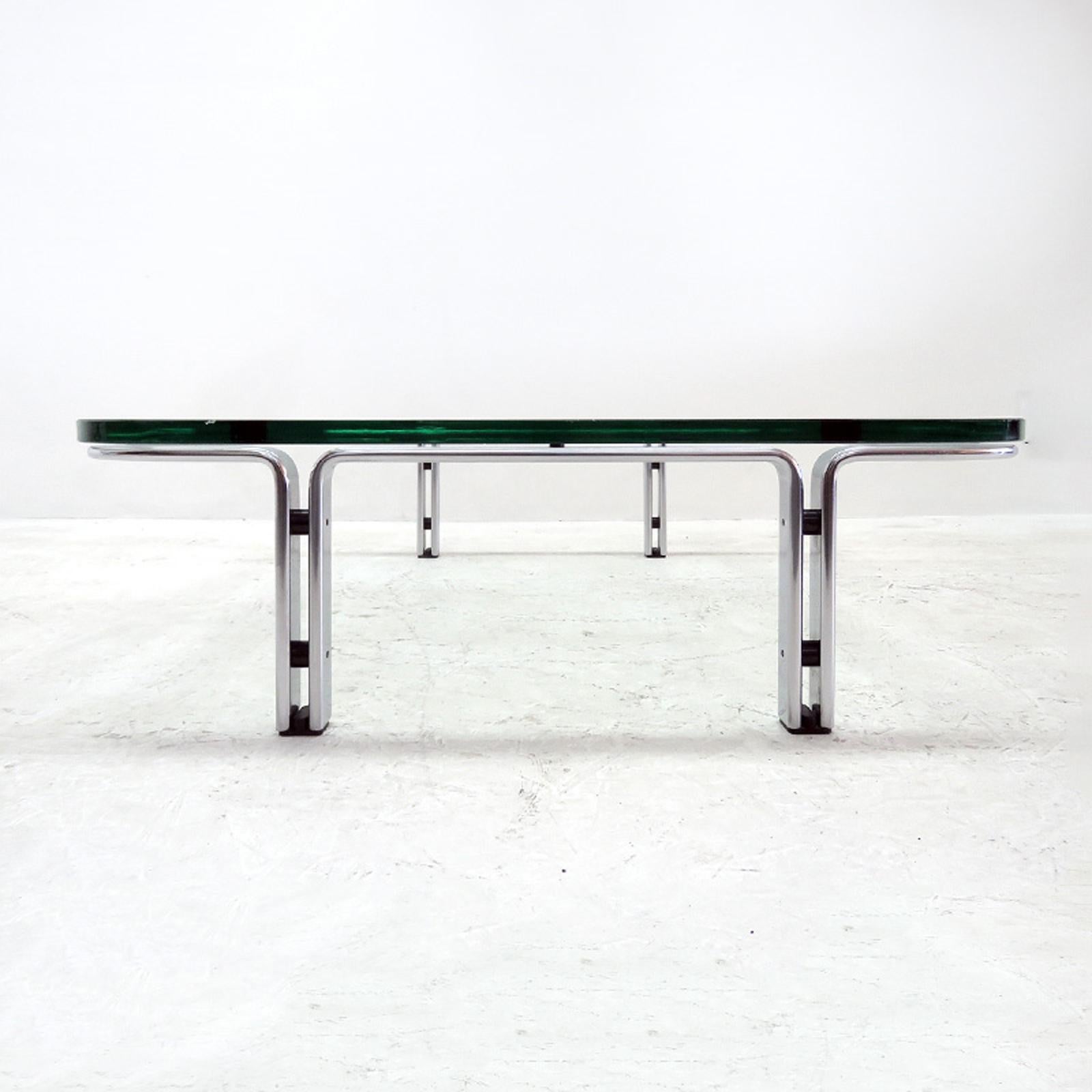 Minimalist low, soft-edged matte chrome steel and glass coffee table by Horst Brüning for Kill International, Germany, 1960s, good condition with small (visual only) damage to the center layer of the original 3/4