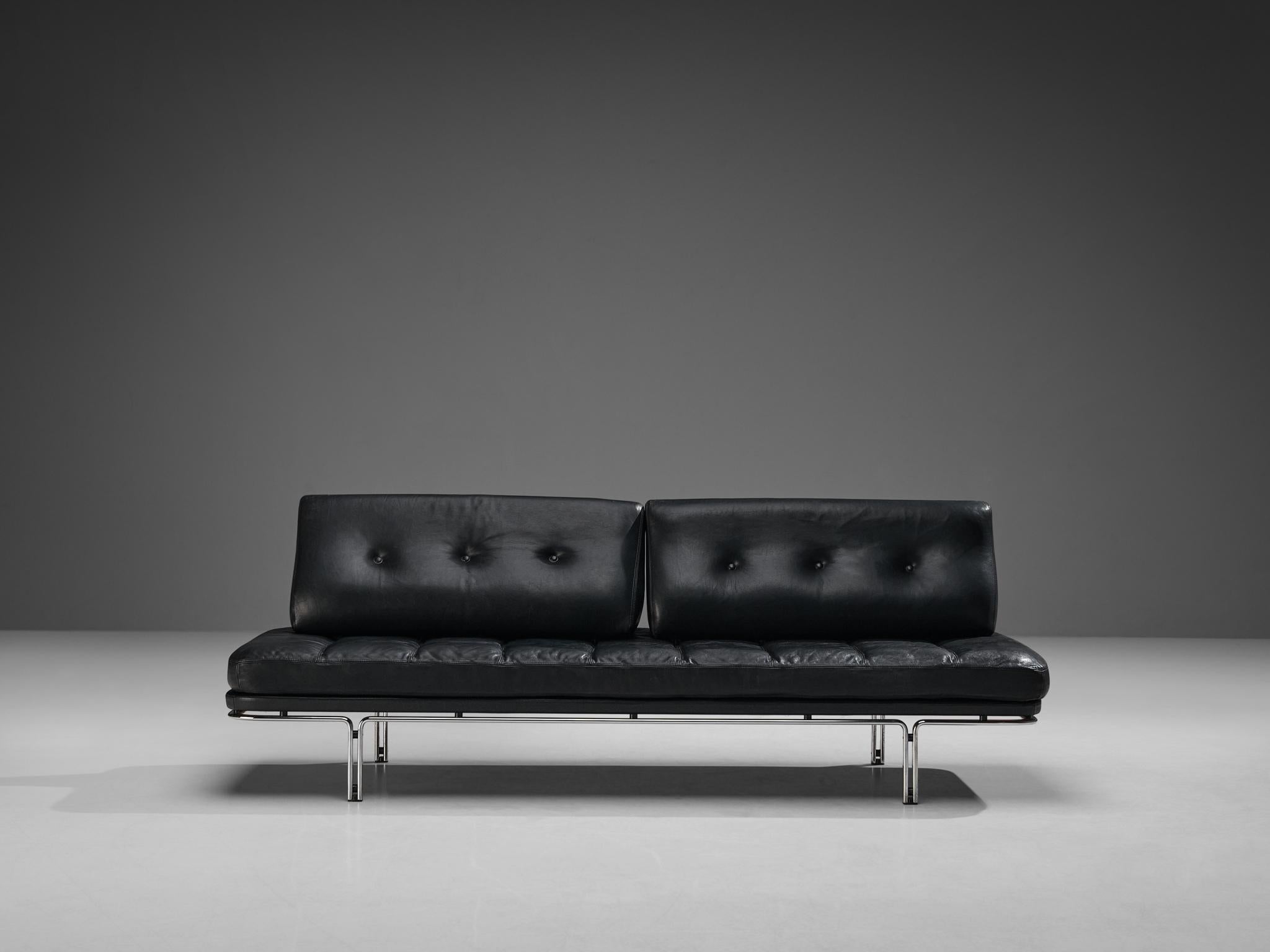 Mid-Century Modern Lit de jour Horst Brüning en cuir noir original et en acier  en vente