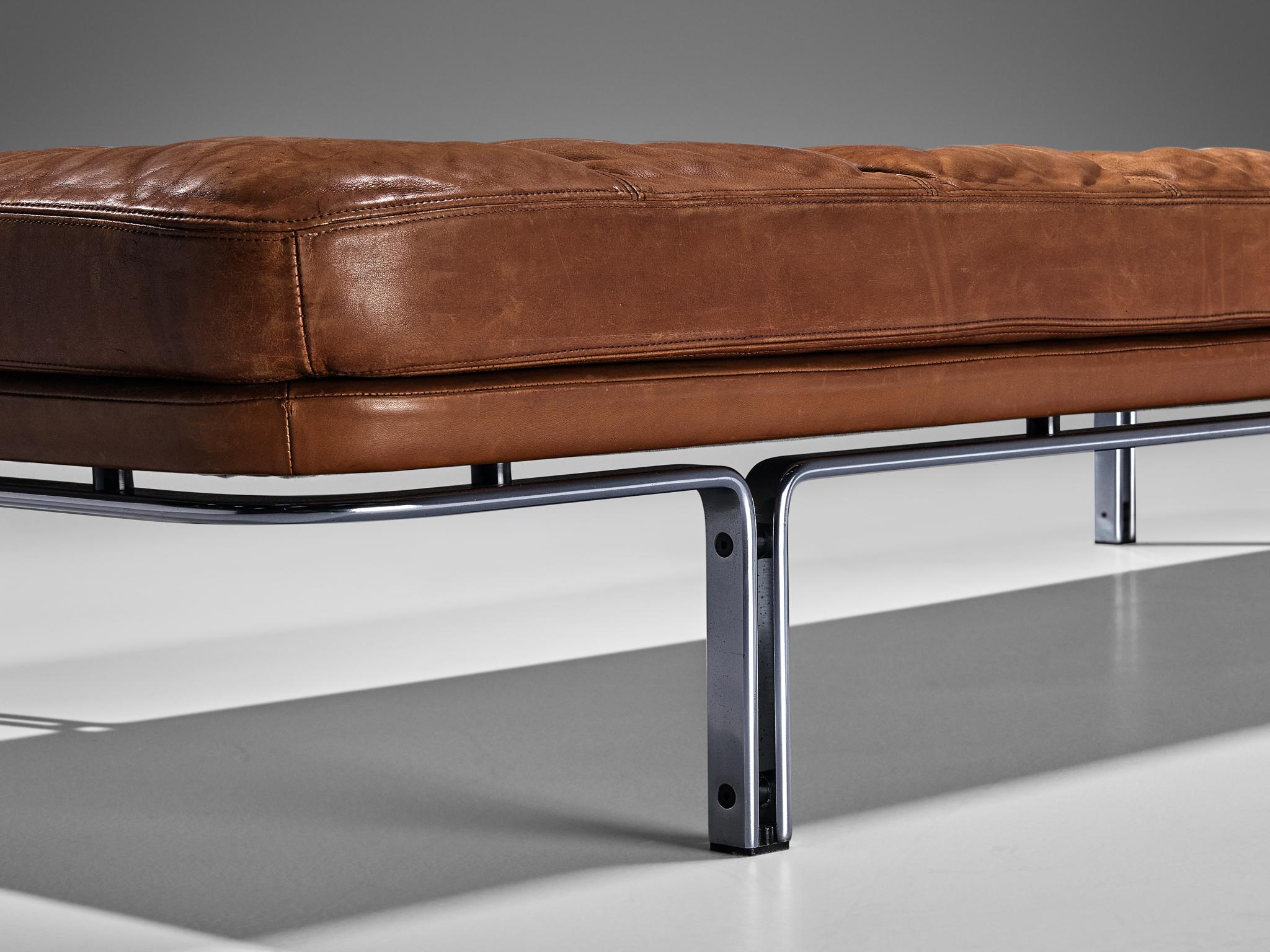 German Horst Brüning Daybed in Original Brown Leather and Chrome