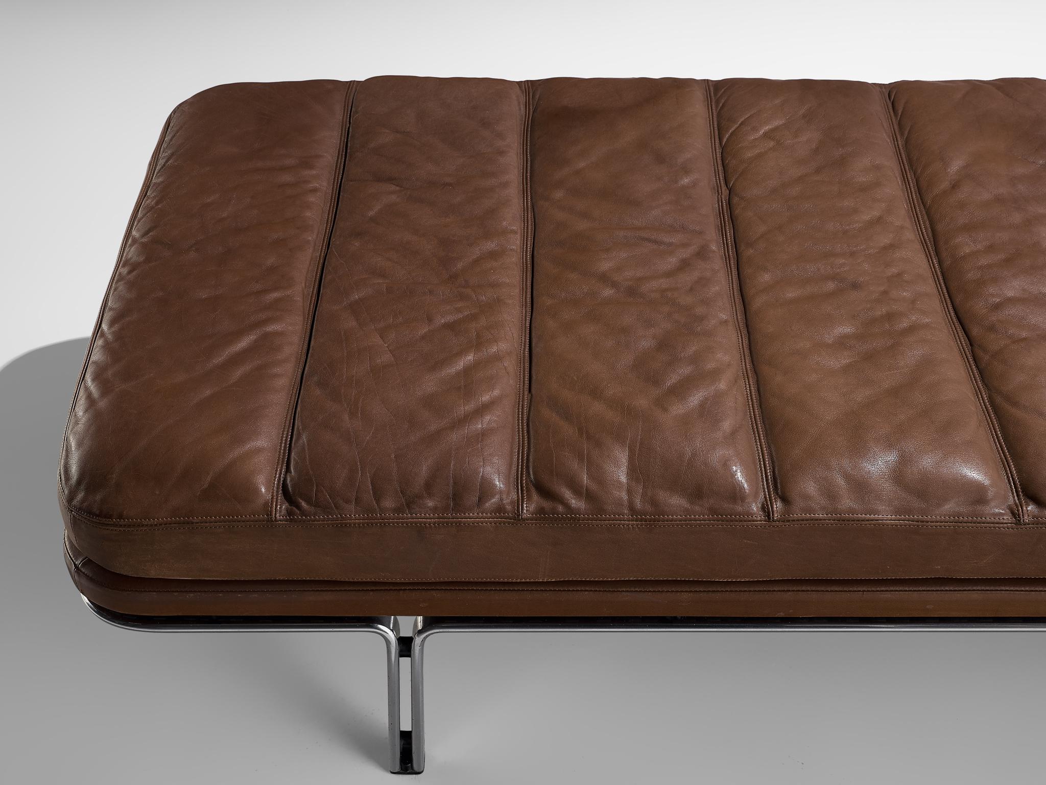 Steel Horst Brüning Daybed in Original Brown Leather and Chrome